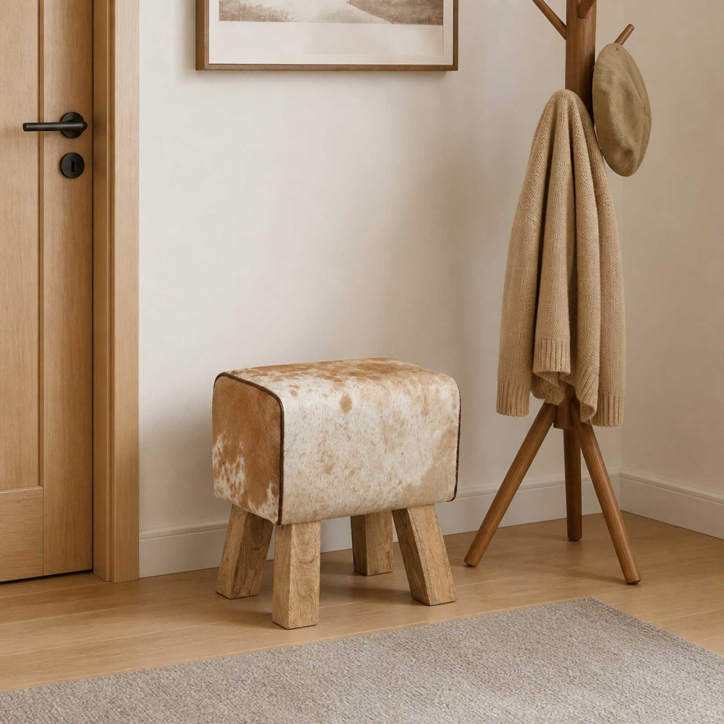 Banc 40 x 30 x 45 cm Cuir véritable Marron et blanc