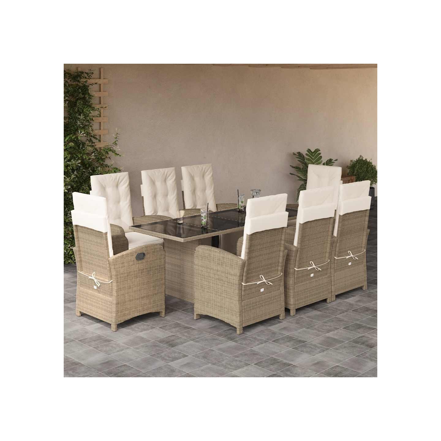 Ensemble à manger de jardin et coussins 9 pcs beige Poly rotin