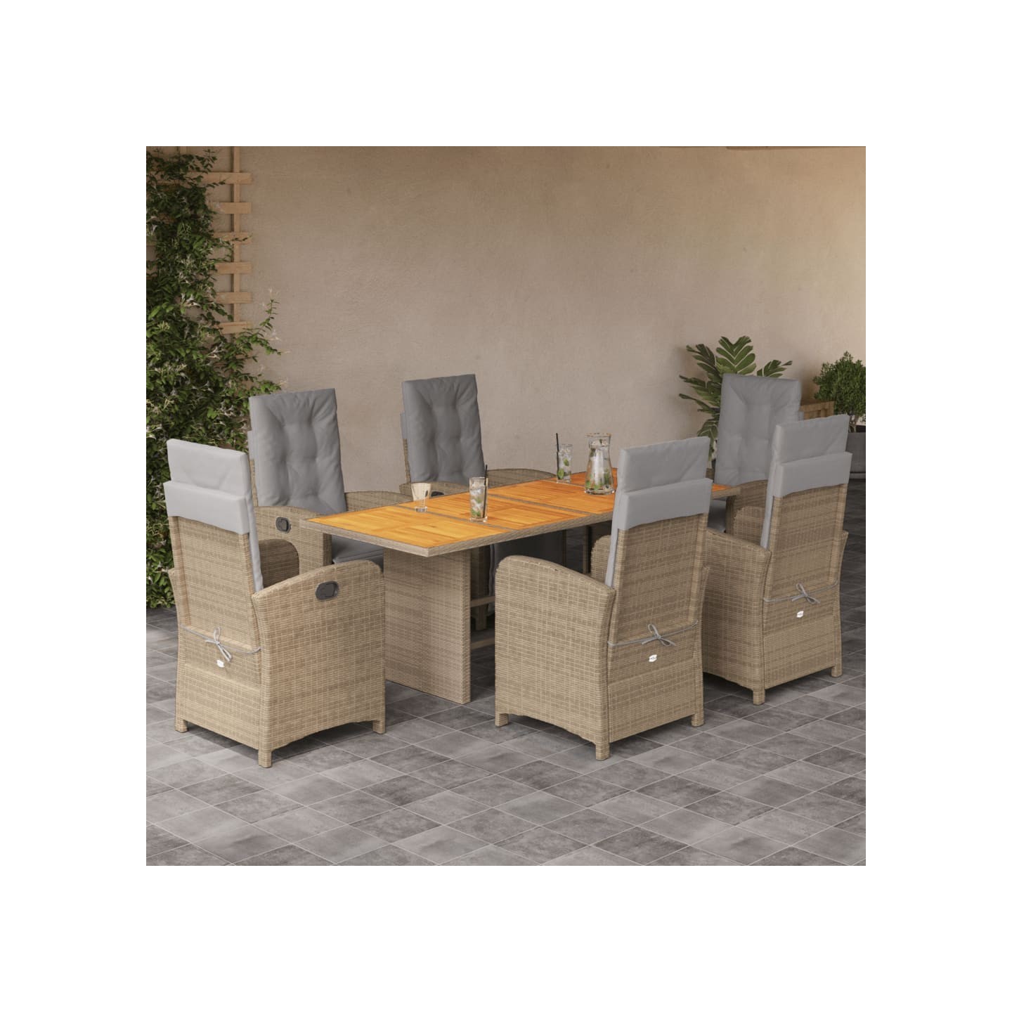 Ensemble à manger de jardin et coussins 7 pcs beige poly rotin