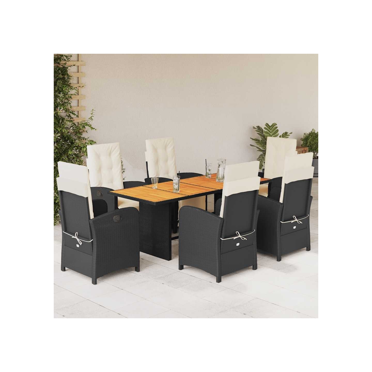 Ensemble à manger de jardin coussins 7pcs Noir Résine tressée
