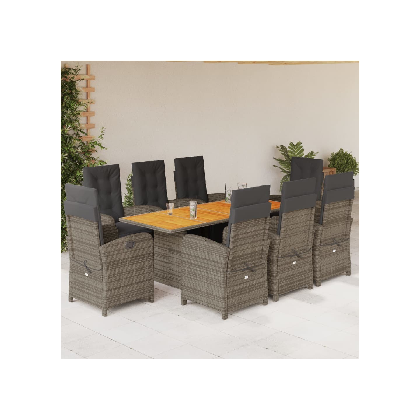 Ensemble à manger de jardin 9 pcs coussins gris résine tressée