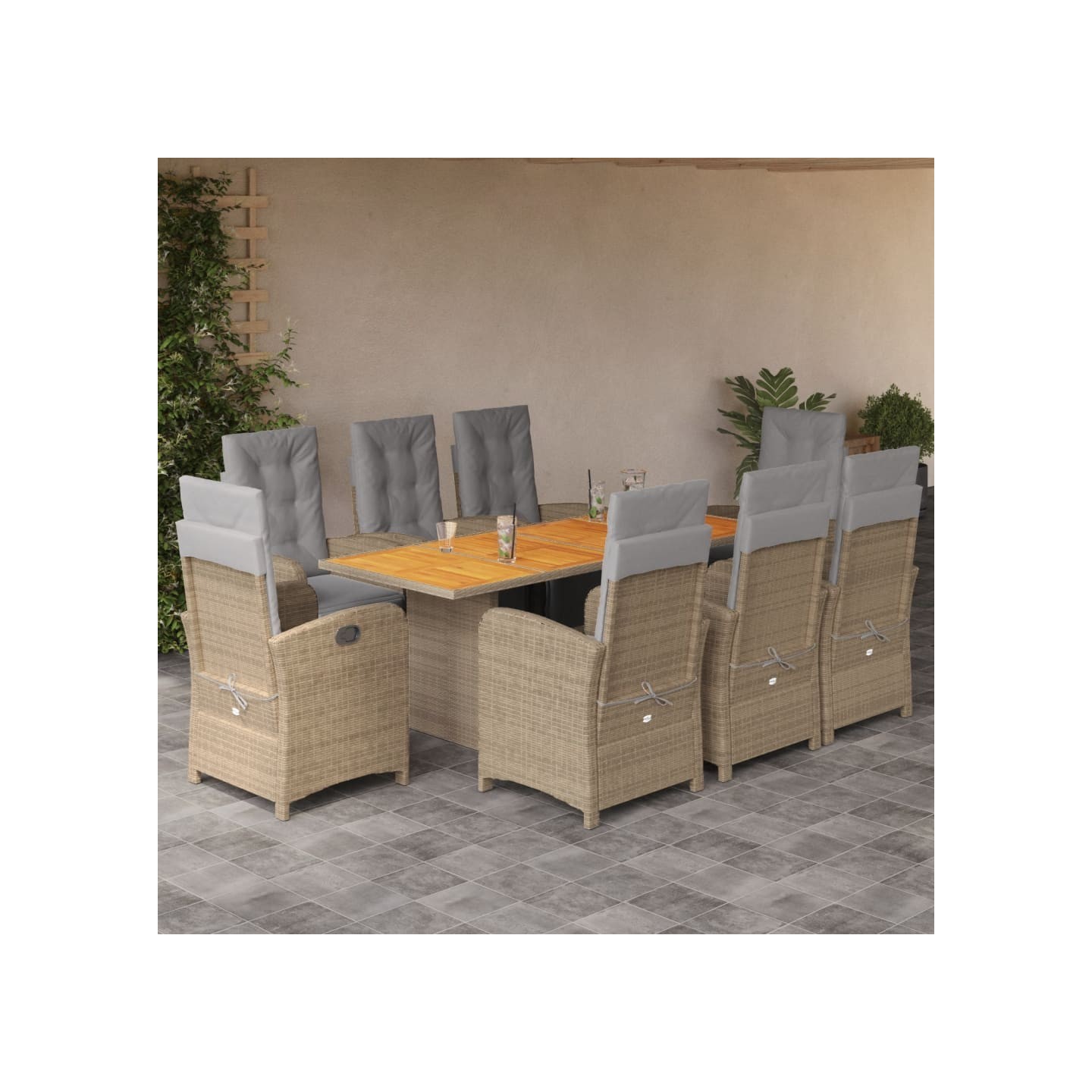 Ensemble à manger de jardin et coussins 9 pcs beige Poly rotin