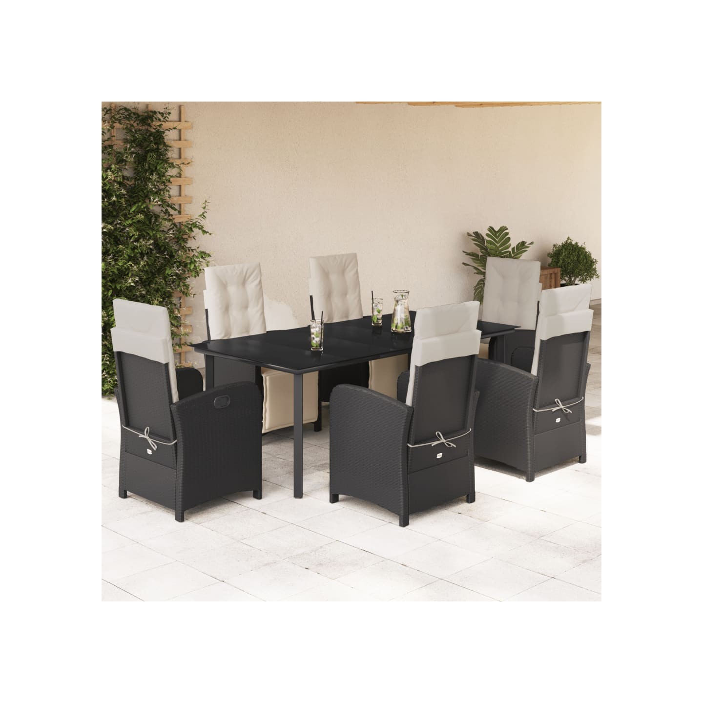 Ensemble à manger de jardin coussins 7pcs Noir Résine tressée
