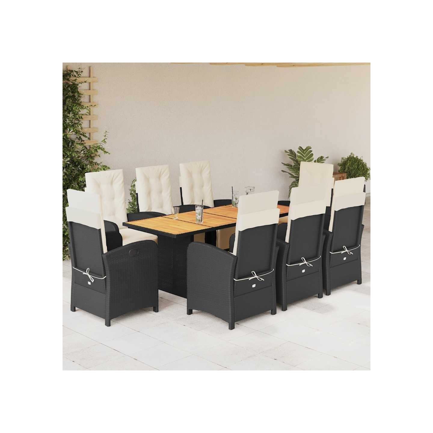 Ensemble à manger de jardin 9pcs coussins noir résine tressée