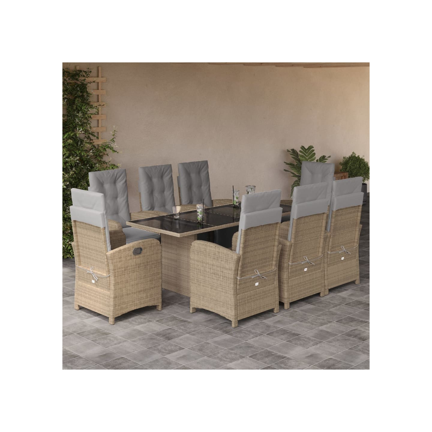 Ensemble à manger de jardin et coussins 9 pcs beige Poly rotin