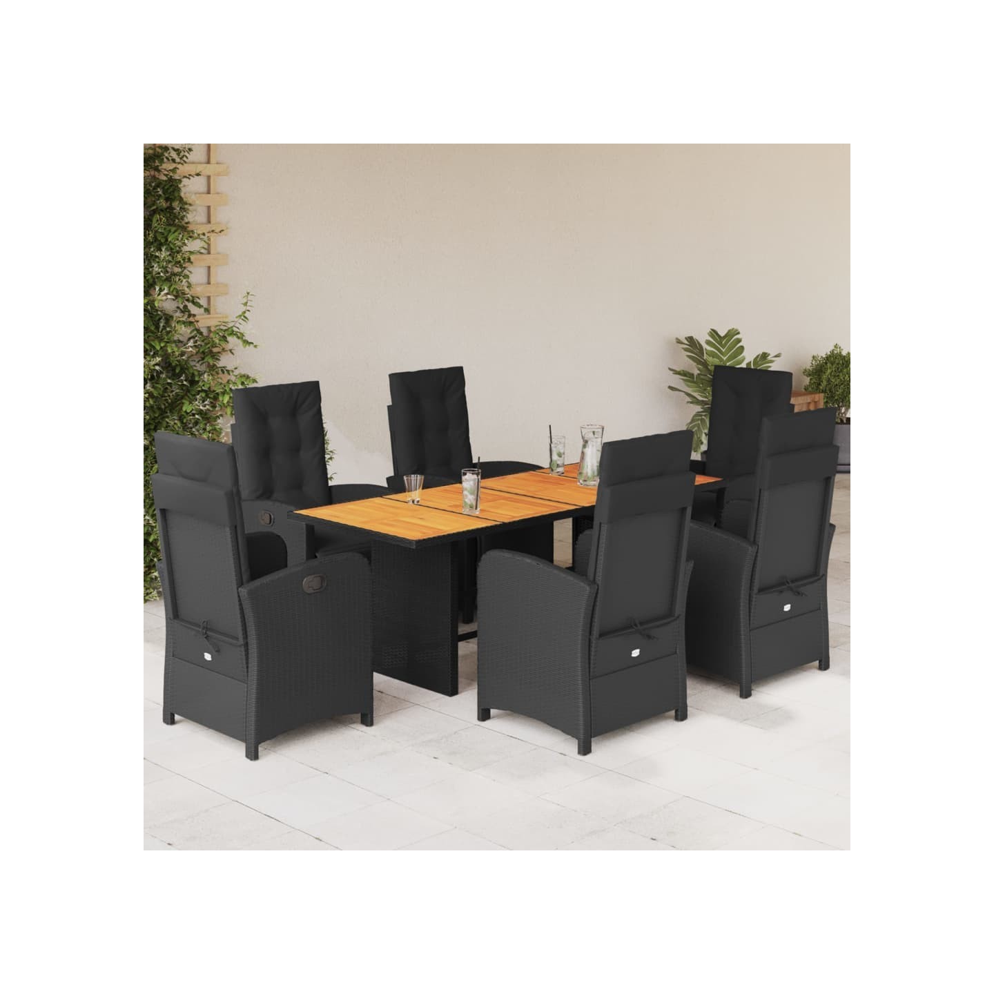 Ensemble à manger de jardin coussins 7pcs Noir Résine tressée