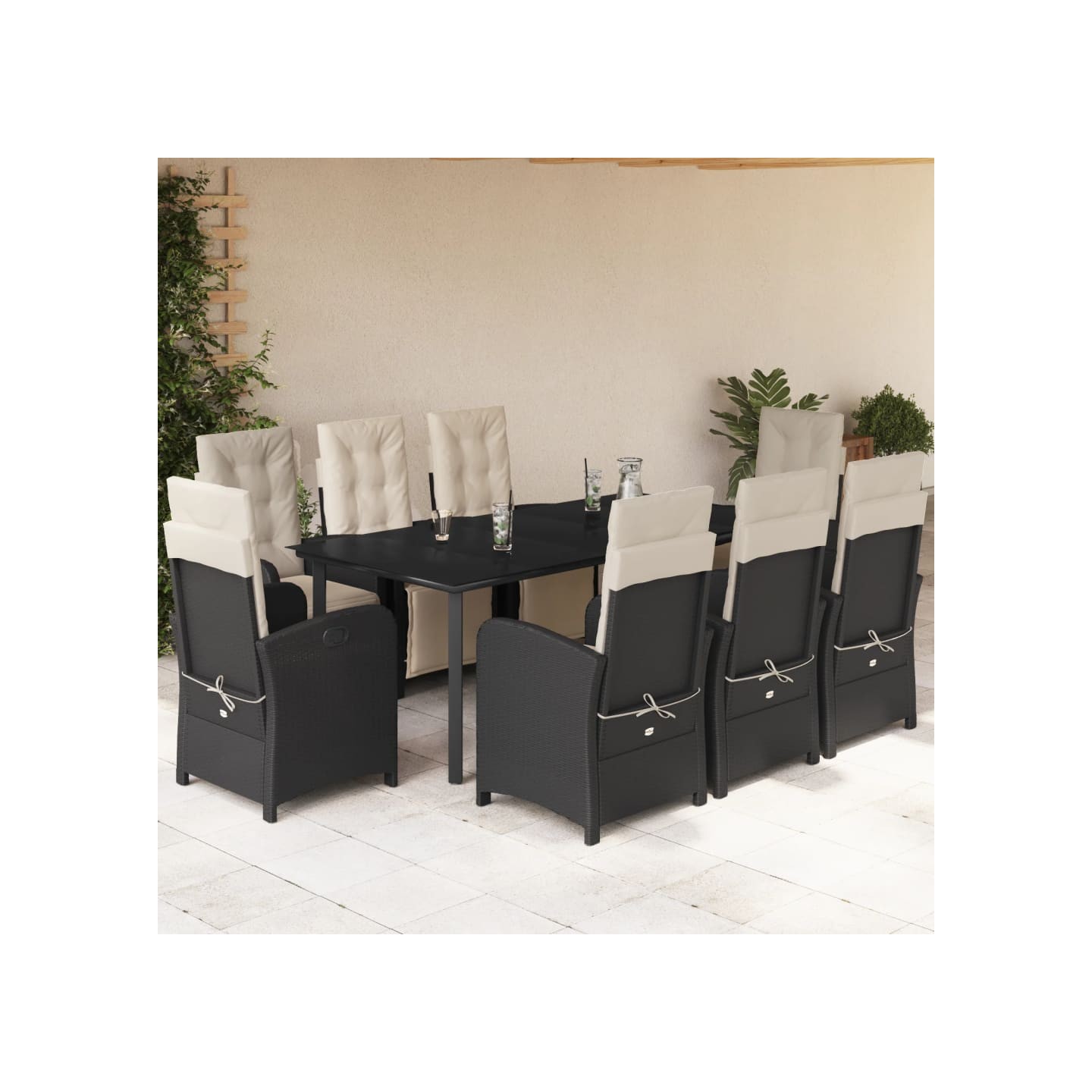 Ensemble à manger de jardin 9pcs coussins noir résine tressée