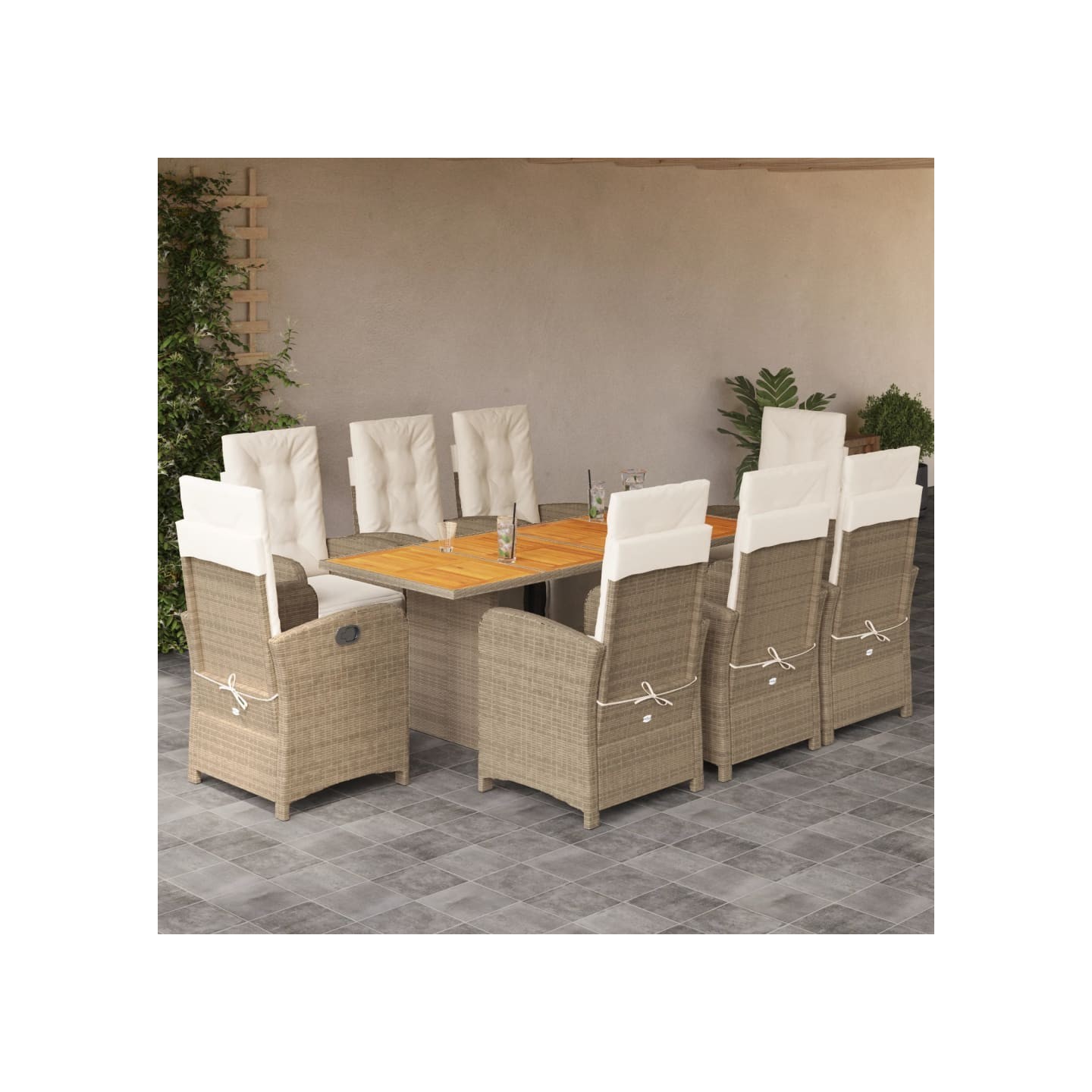 Ensemble à manger de jardin et coussins 9 pcs beige Poly rotin