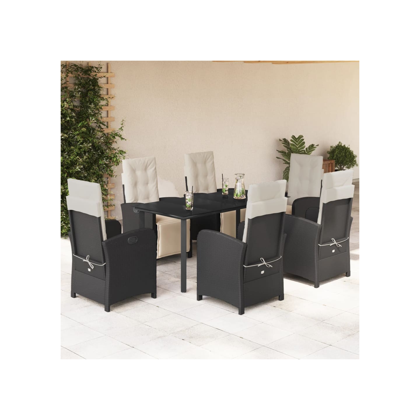Ensemble à manger de jardin coussins 7pcs Noir Résine tressée