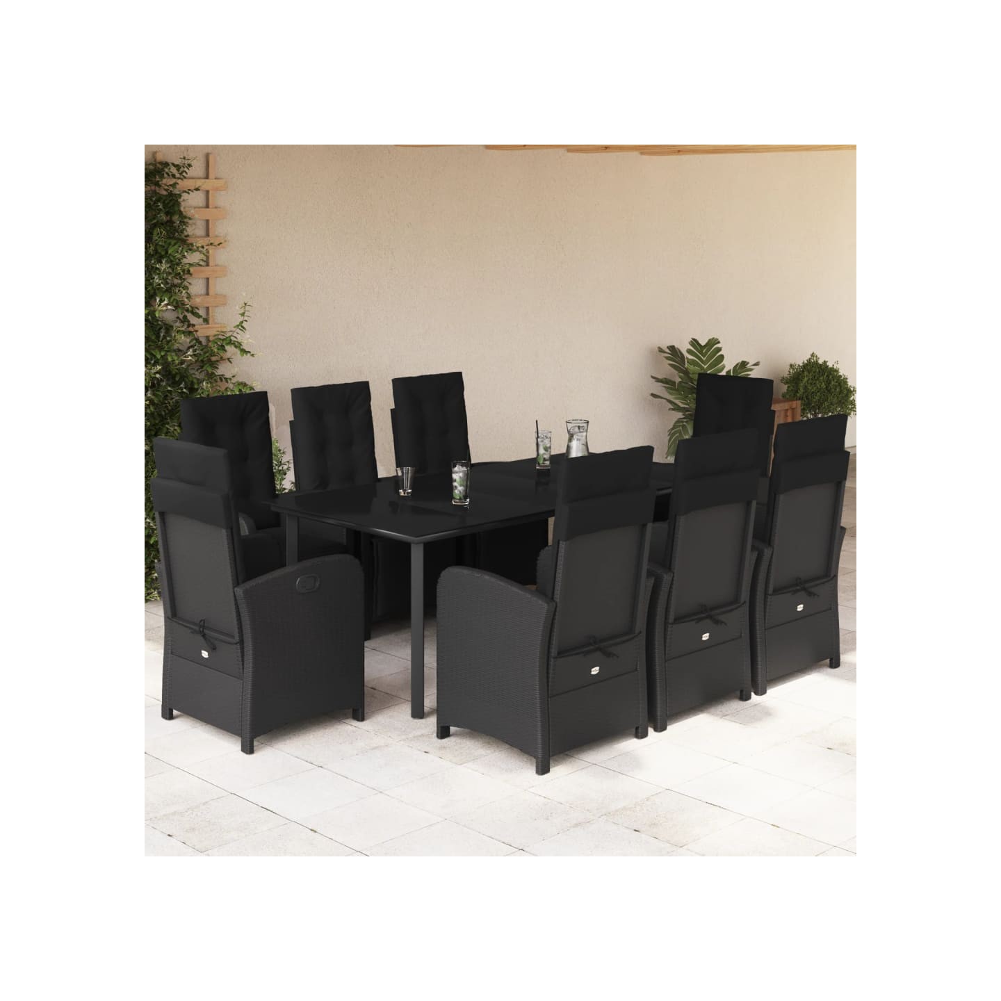 Ensemble à manger de jardin 9pcs coussins noir résine tressée
