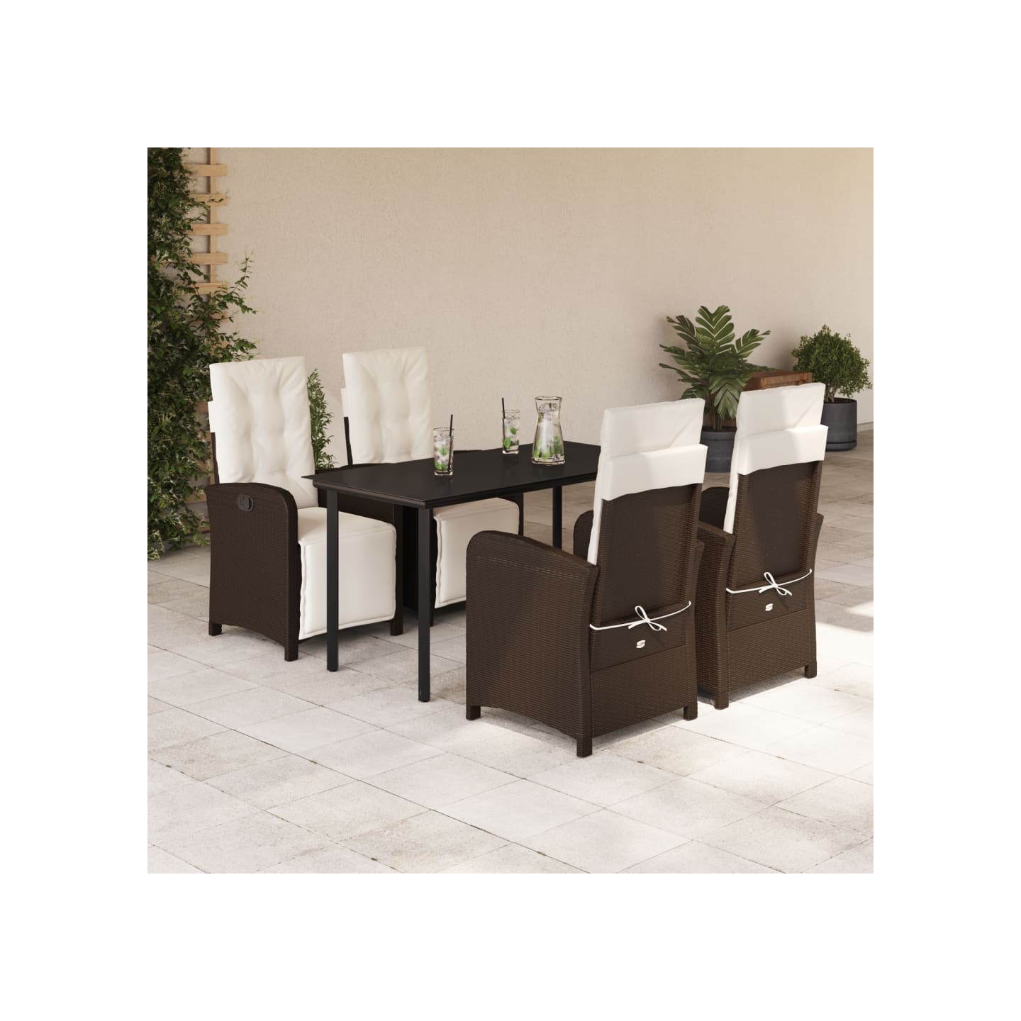 Ensemble à manger de jardin 5 pcs et coussins marron poly rotin