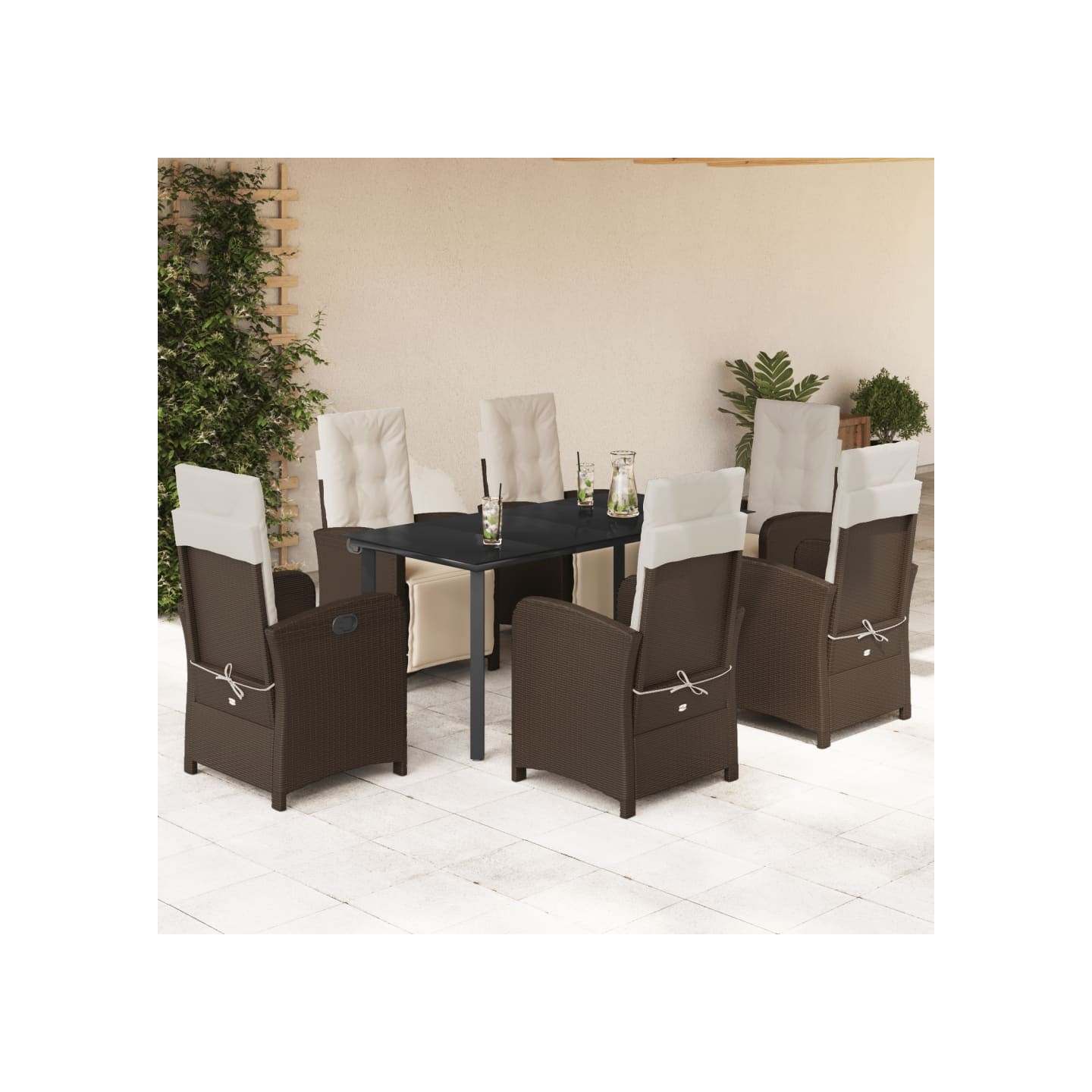 Ensemble à manger de jardin et coussins 7 pcs marron rotin