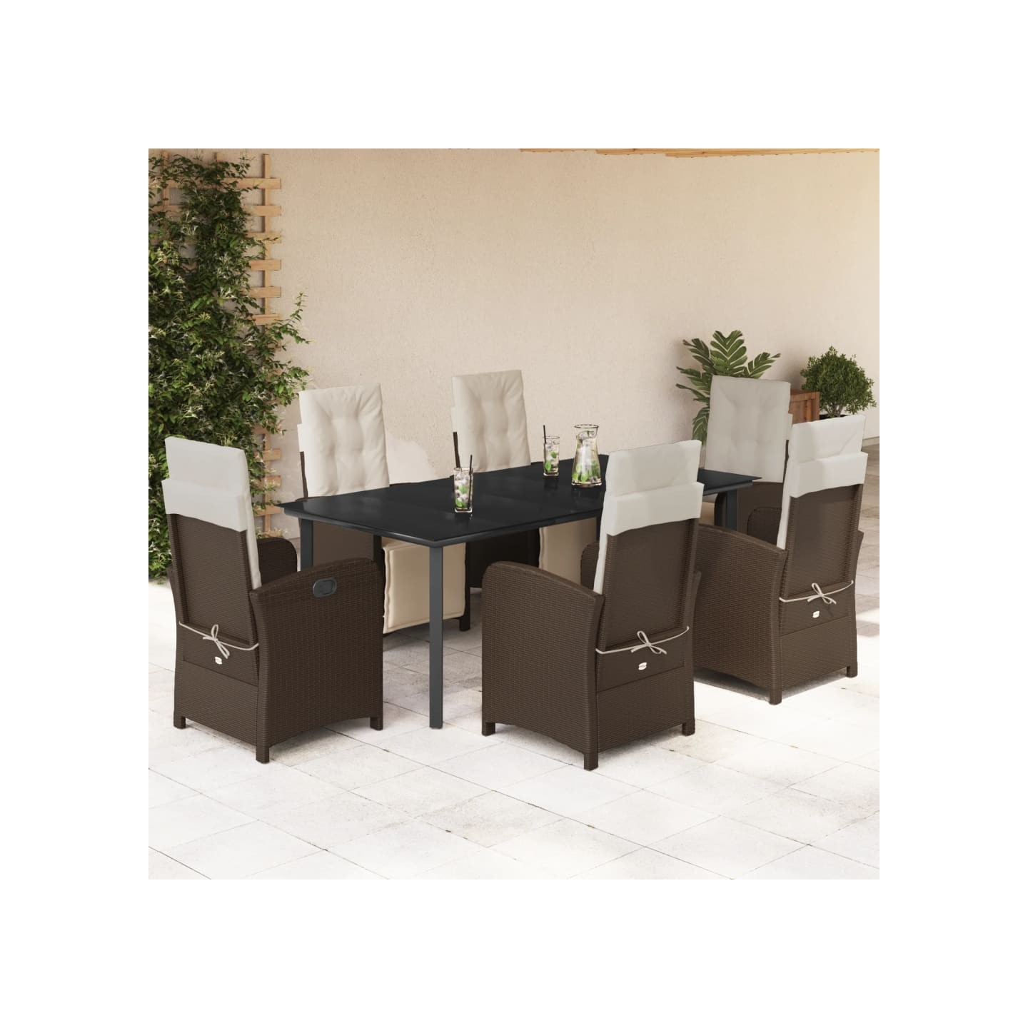 Ensemble à manger de jardin et coussins 7 pcs marron rotin