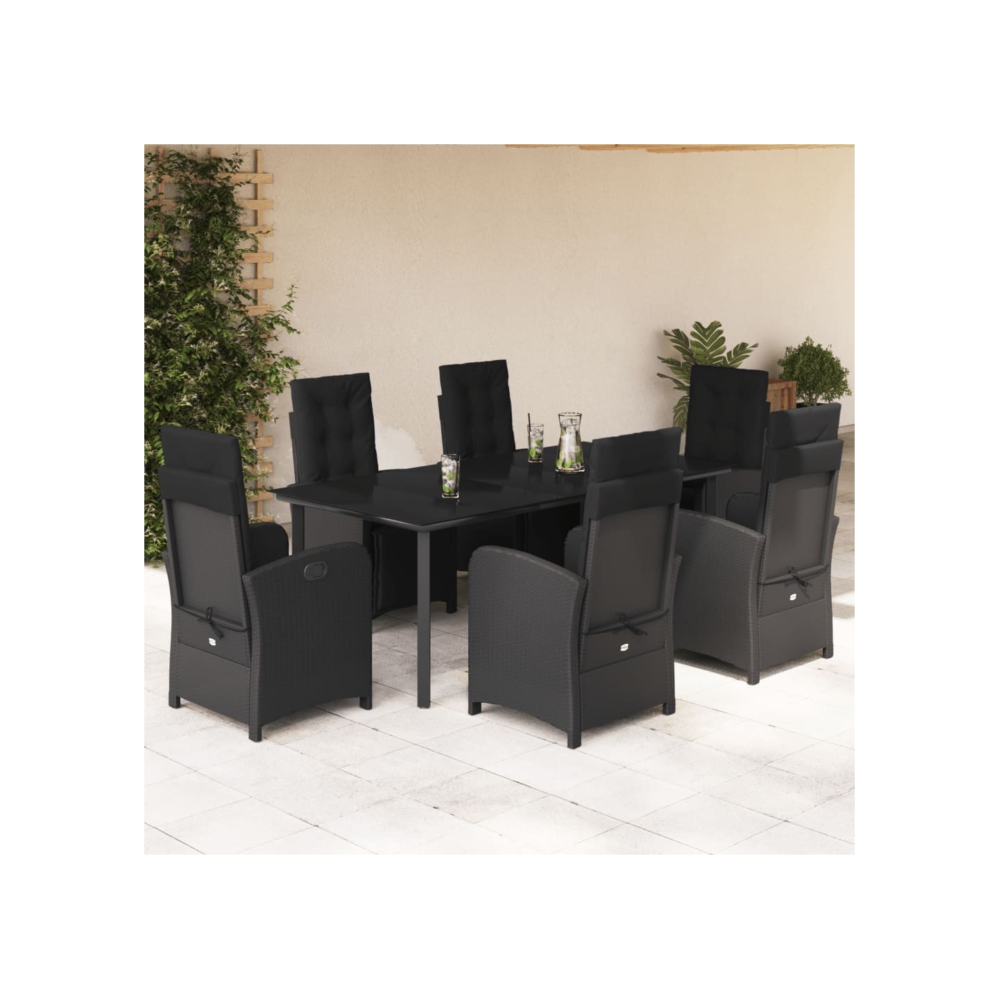Ensemble à manger de jardin coussins 7pcs Noir Résine tressée
