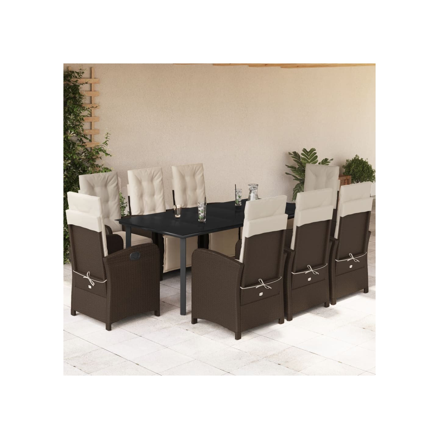 Ensemble à manger de jardin et coussins 9 pcs marron poly rotin
