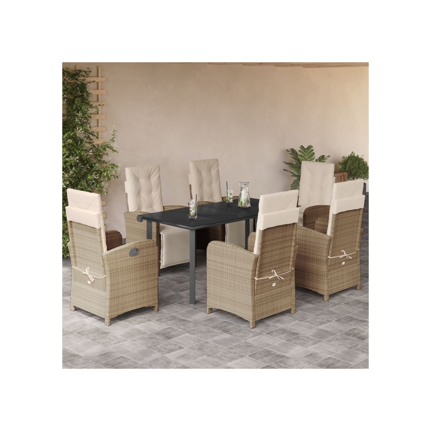 Ensemble à manger de jardin et coussins 7 pcs beige poly rotin