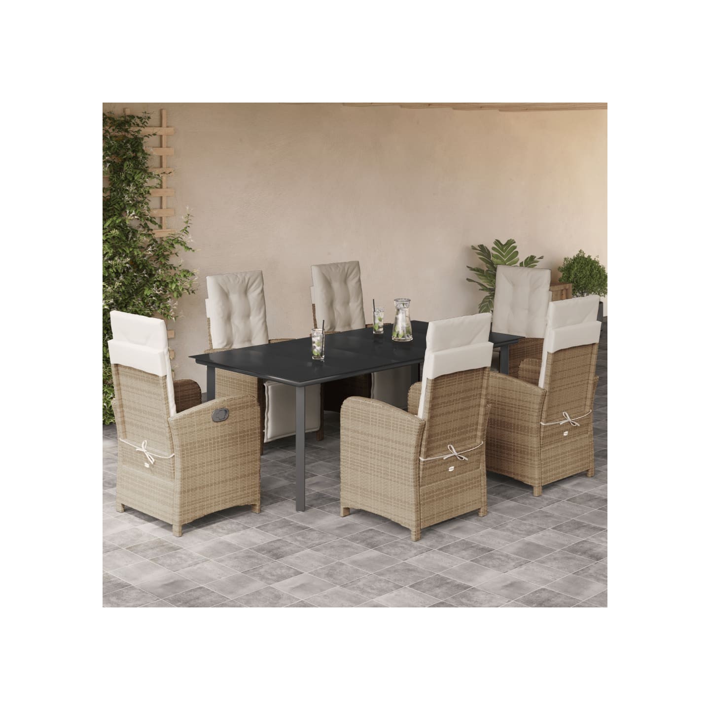 Ensemble à manger de jardin et coussins 7 pcs beige poly rotin