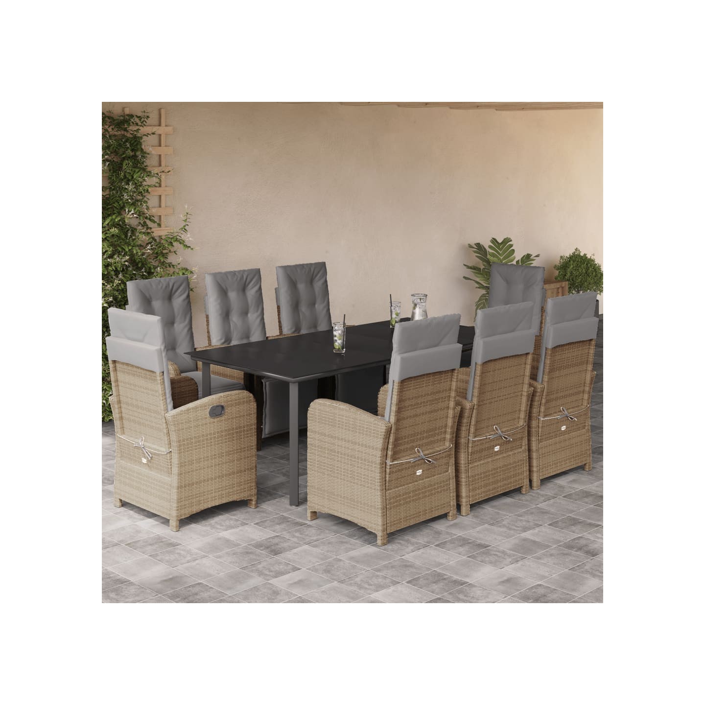 Ensemble à manger de jardin et coussins 9 pcs beige Poly rotin