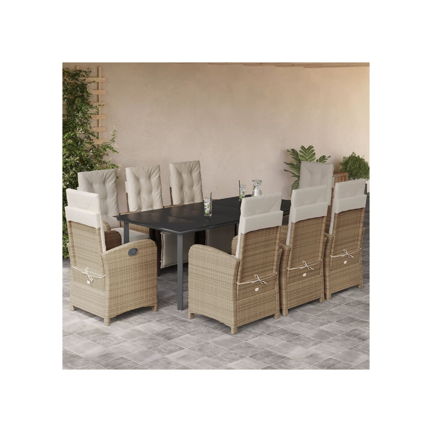Ensemble à manger de jardin et coussins 9 pcs beige Poly rotin