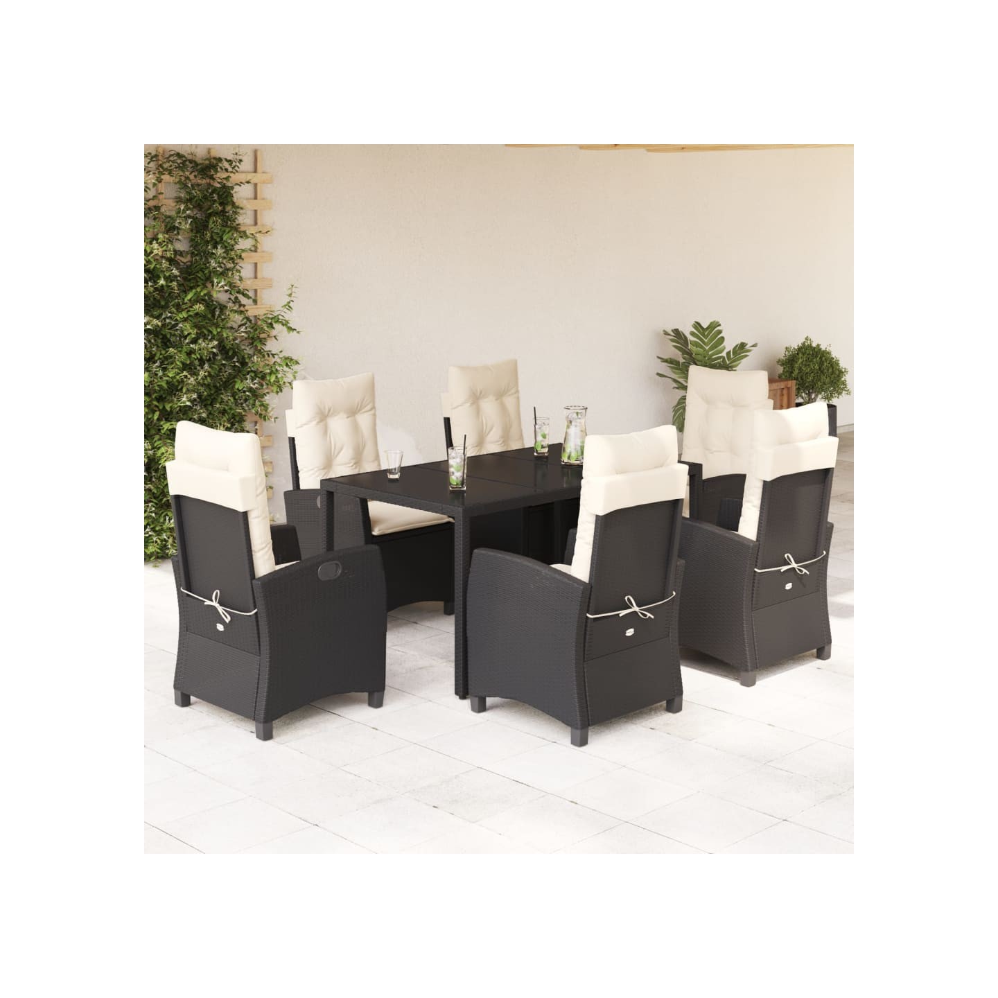 Ensemble à manger de jardin coussins 7pcs Noir Résine tressée