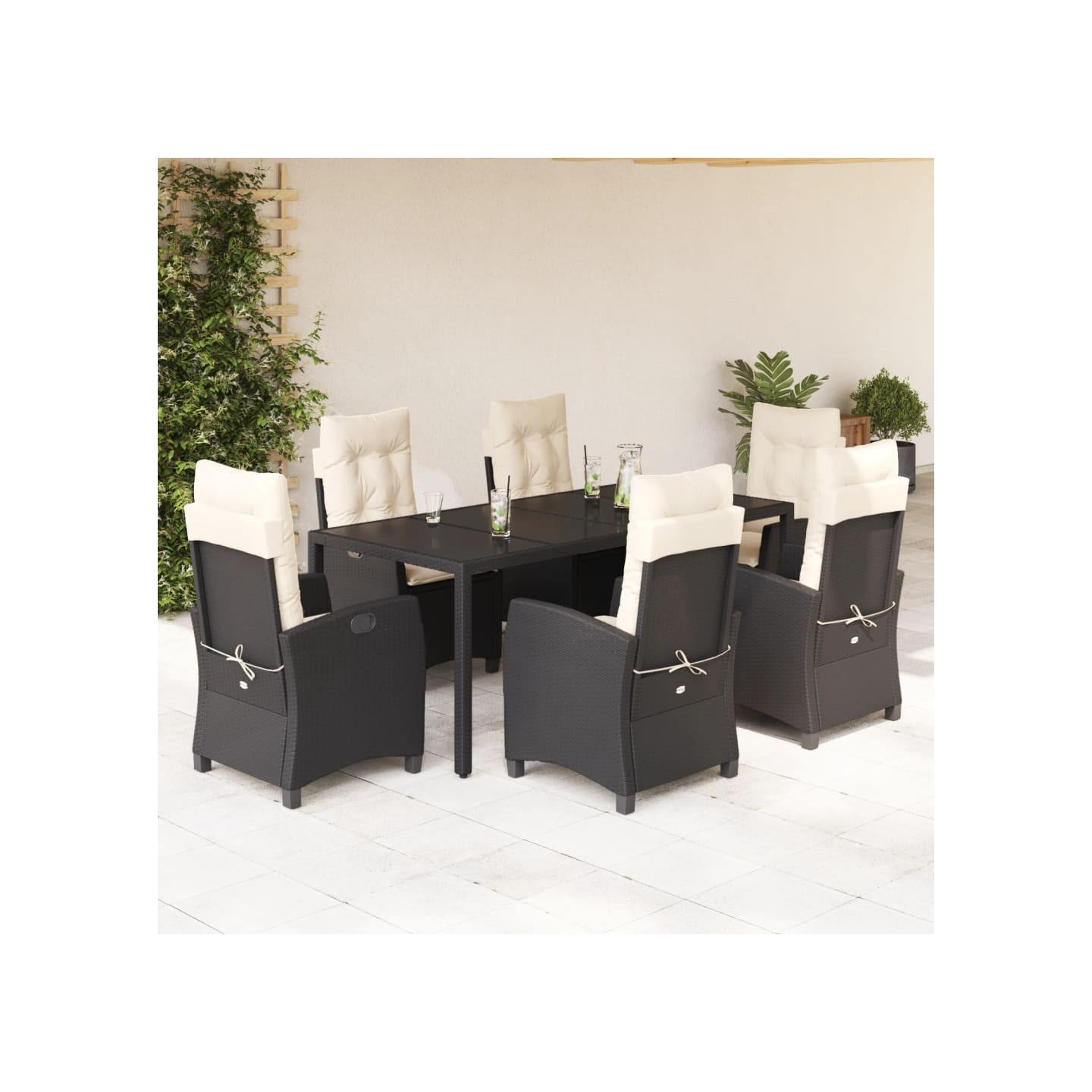 Ensemble à manger de jardin coussins 7pcs Noir Résine tressée