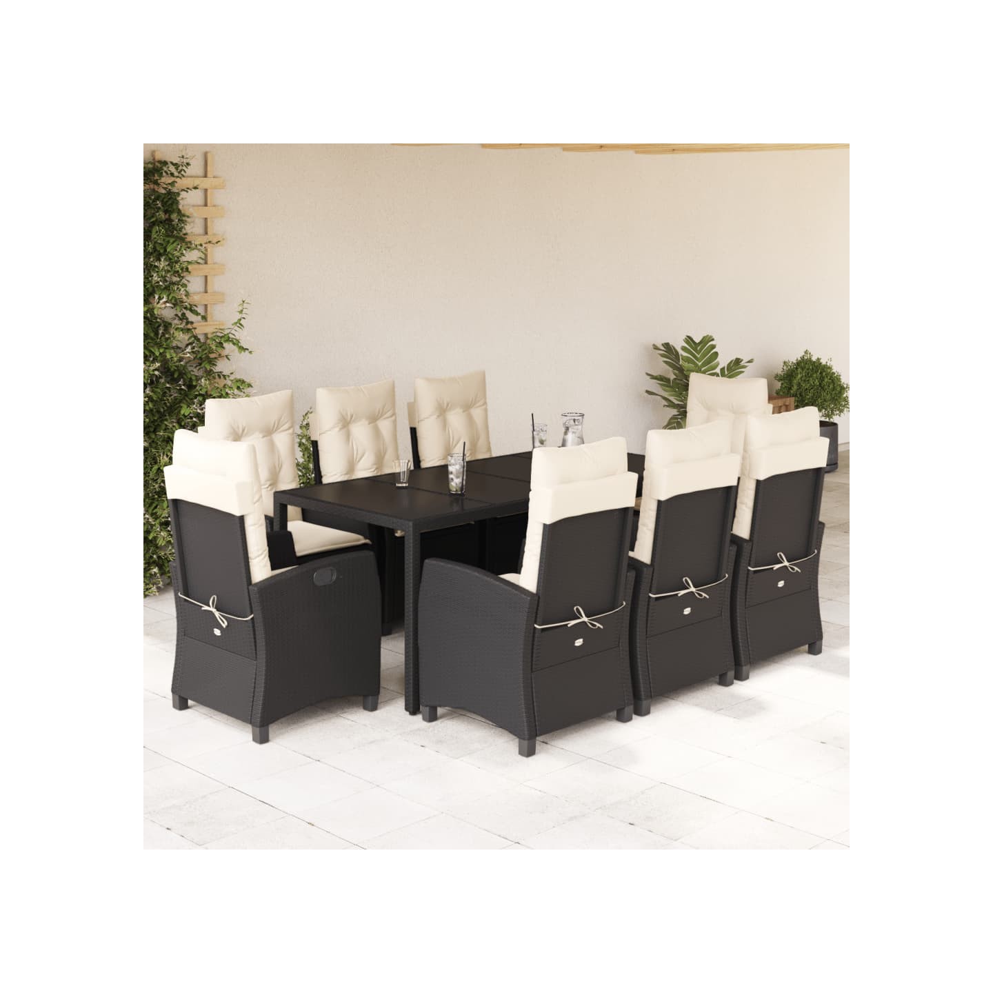 Ensemble à manger de jardin 9pcs coussins noir résine tressée
