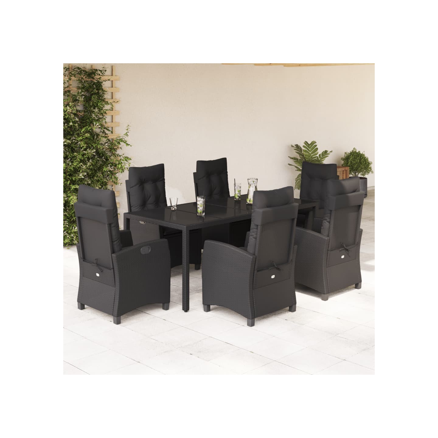 Ensemble à manger de jardin coussins 7pcs Noir Résine tressée