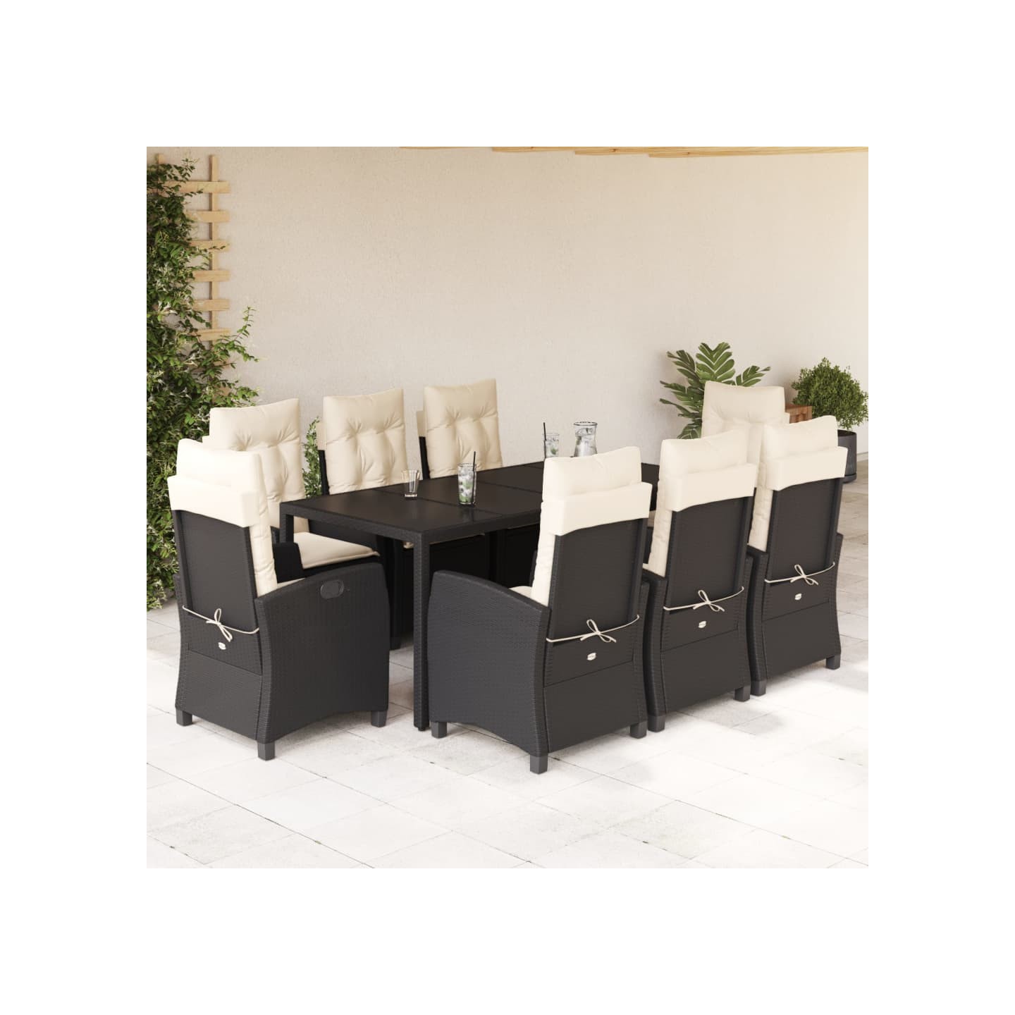 Ensemble à manger de jardin 9pcs coussins noir résine tressée
