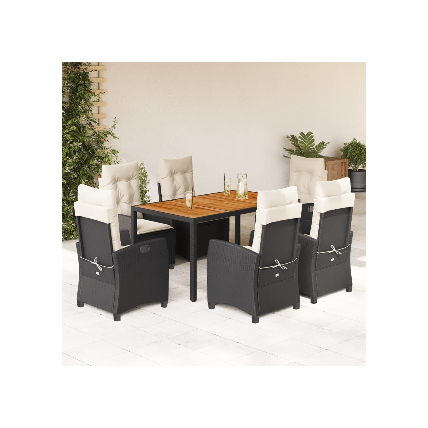 Ensemble à manger de jardin coussins 7pcs Noir Résine tressée