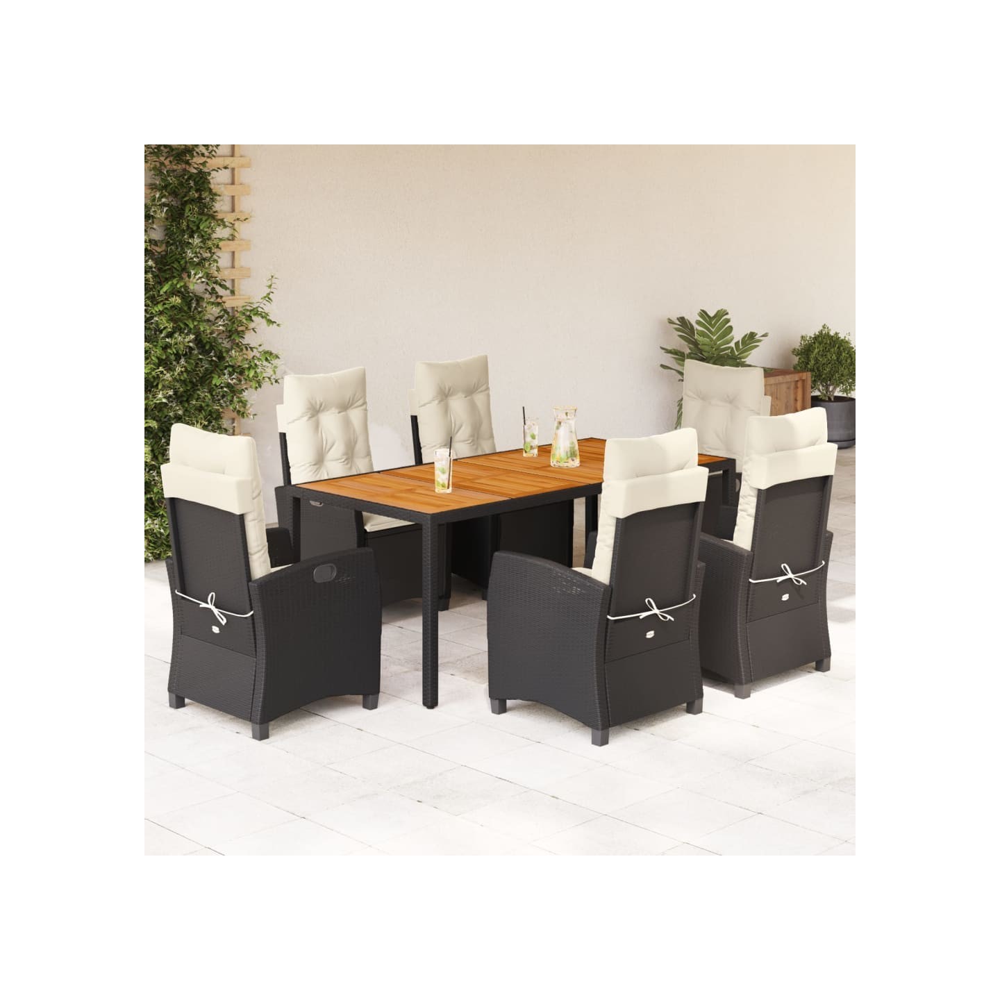 Ensemble à manger de jardin coussins 7pcs Noir Résine tressée