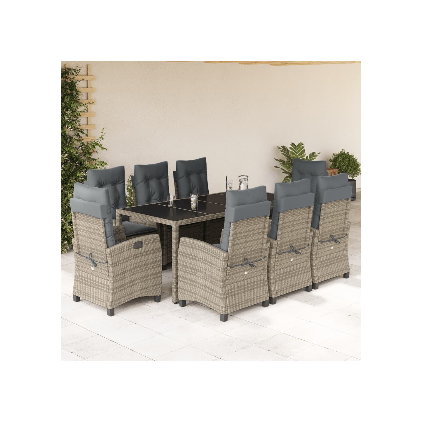 Ensemble à manger de jardin 9 pcs coussins gris résine tressée