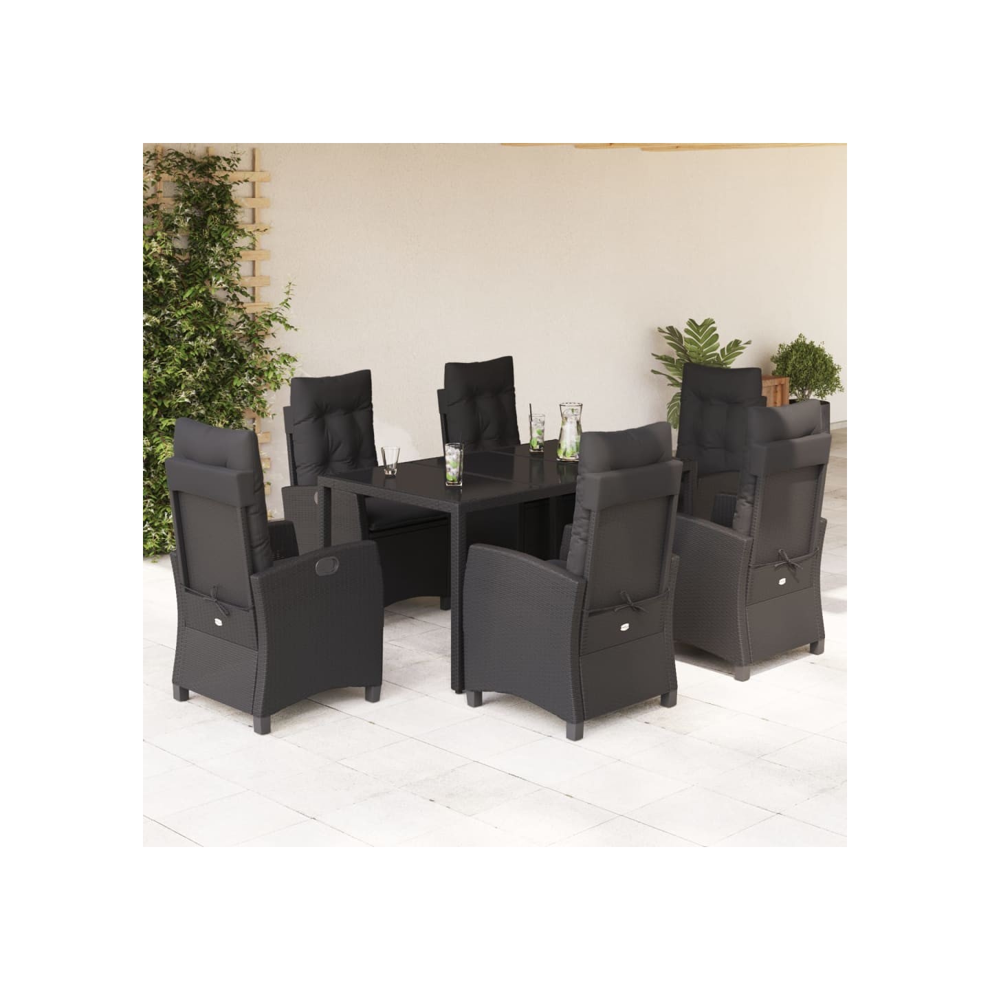 Ensemble à manger de jardin coussins 7pcs Noir Résine tressée