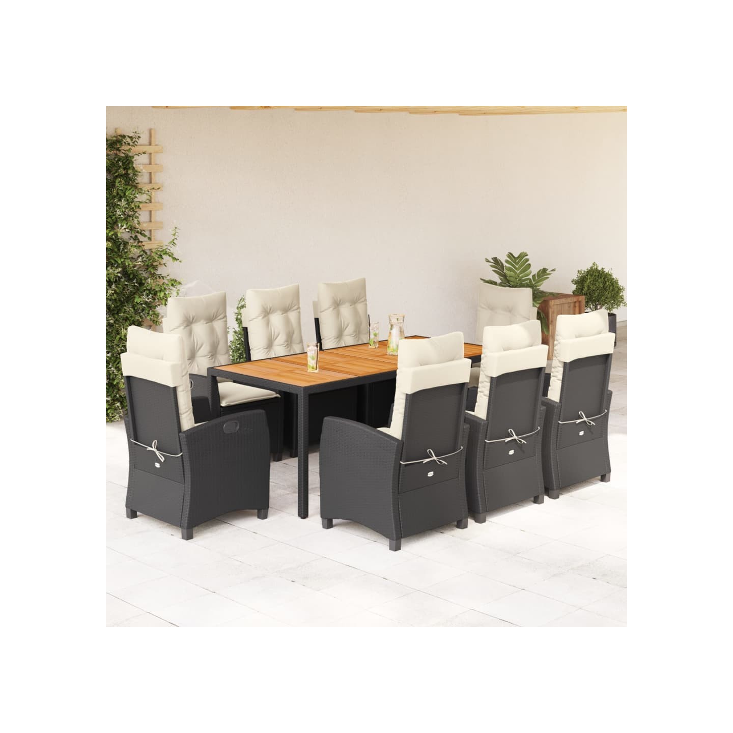 Ensemble à manger de jardin 9pcs coussins noir résine tressée