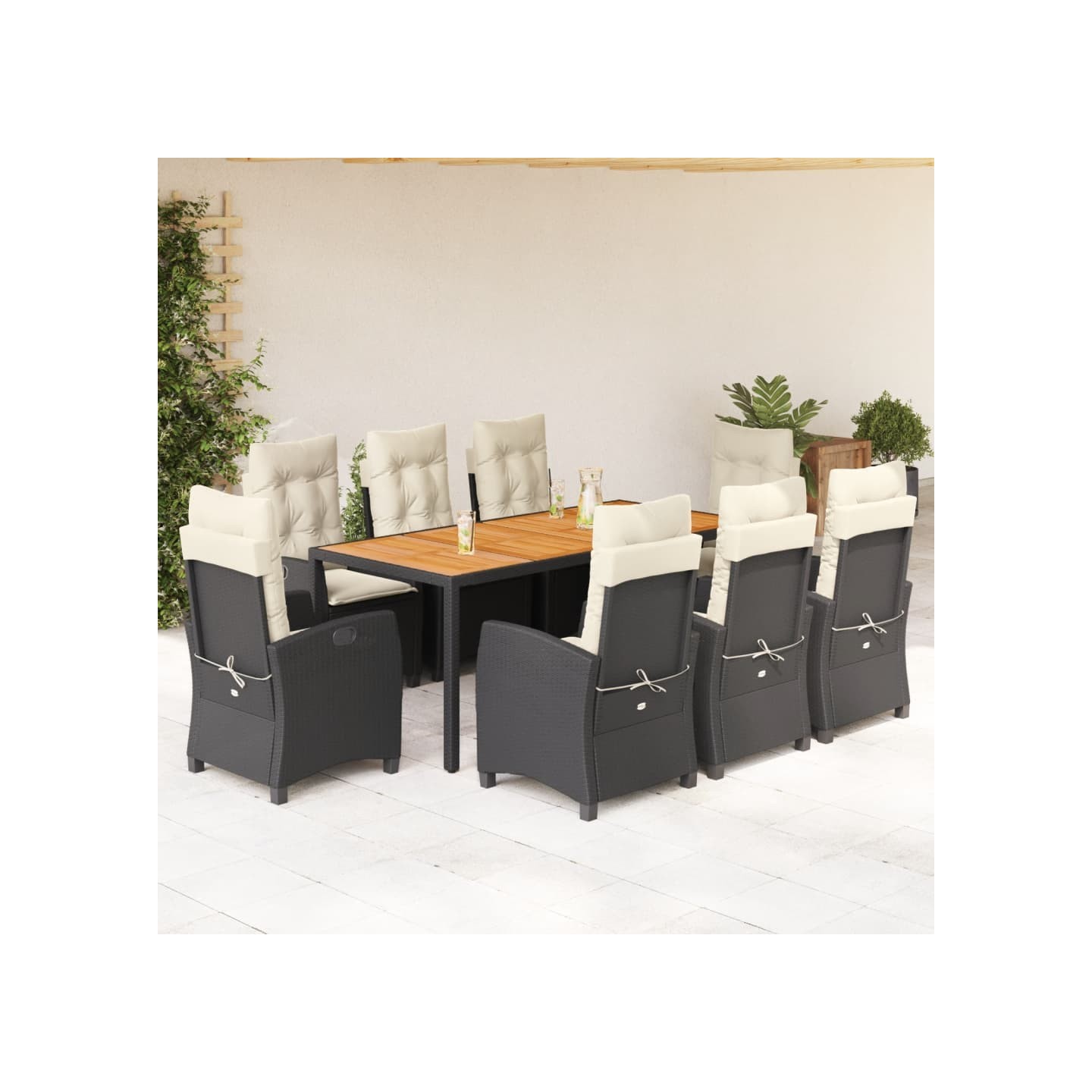 Ensemble à manger de jardin 9pcs coussins noir résine tressée