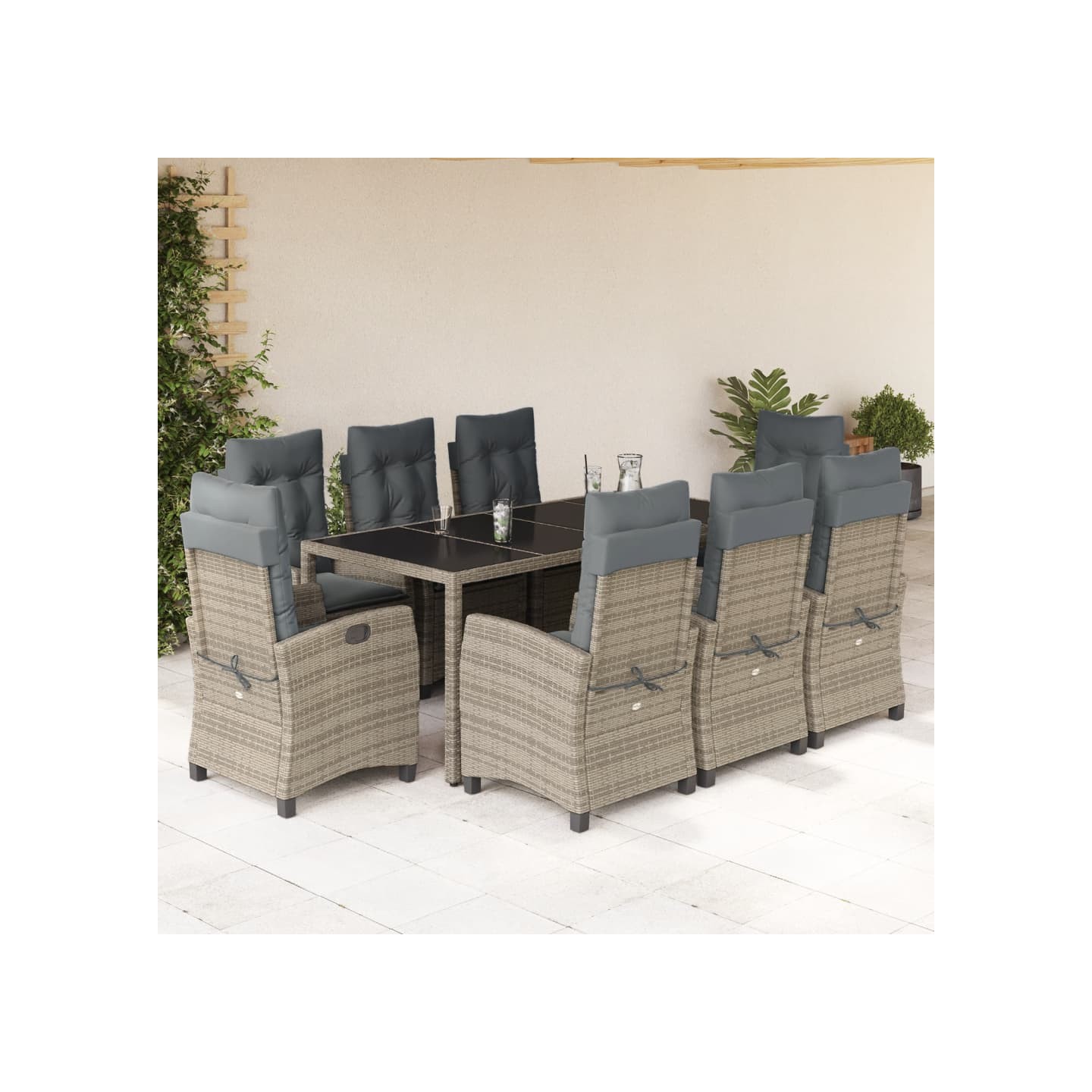 Ensemble à manger de jardin 9 pcs coussins gris résine tressée