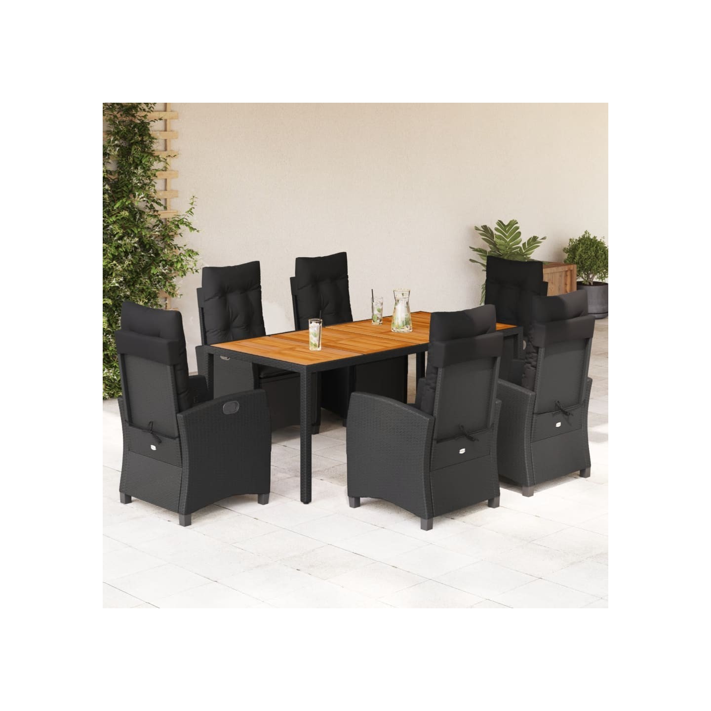 Ensemble à manger de jardin coussins 7pcs Noir Résine tressée