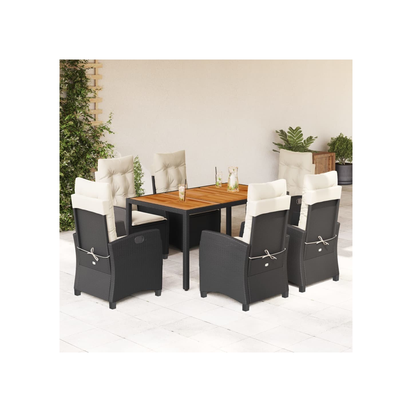 Ensemble à manger de jardin coussins 7pcs Noir Résine tressée