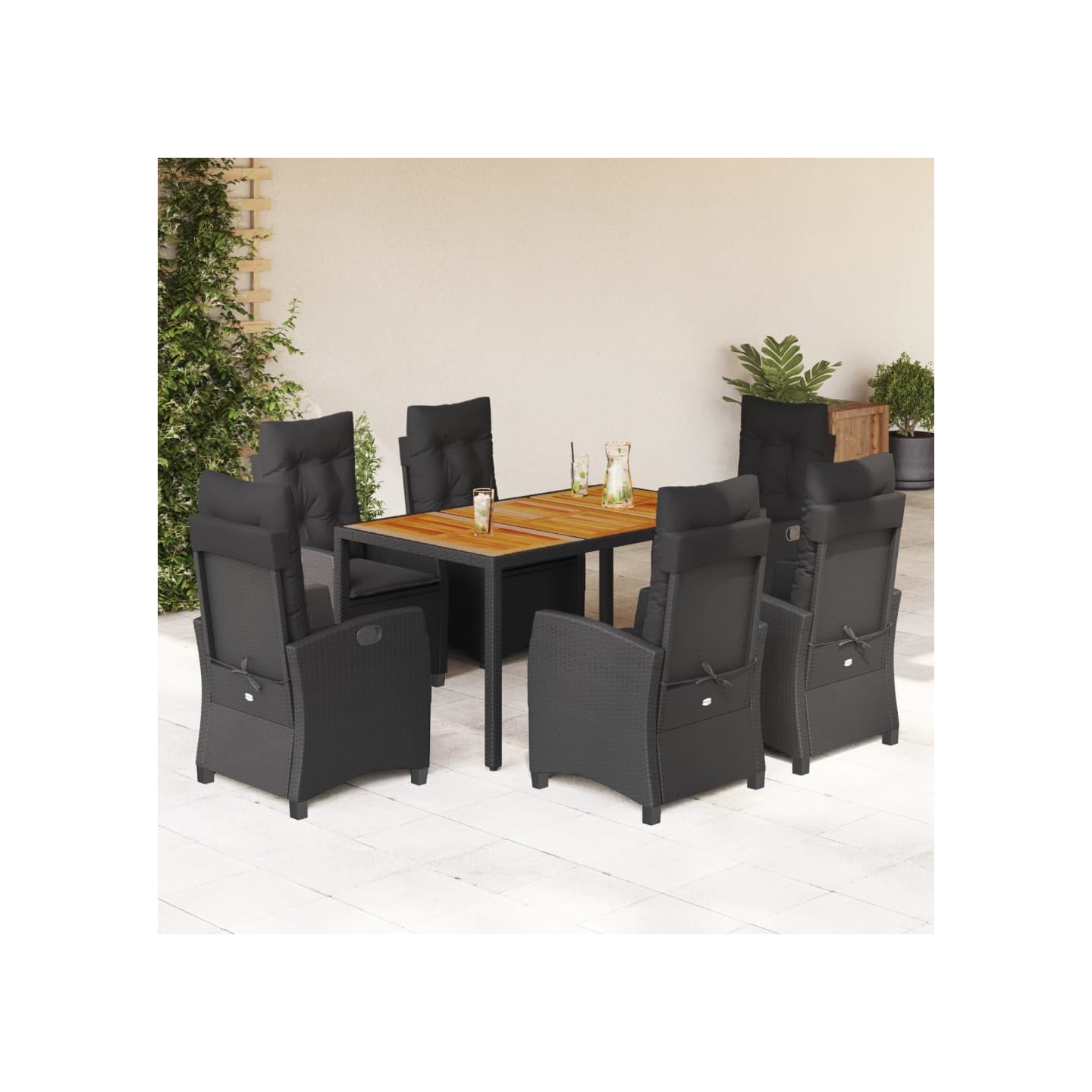 Ensemble à manger de jardin coussins 7pcs Noir Résine tressée