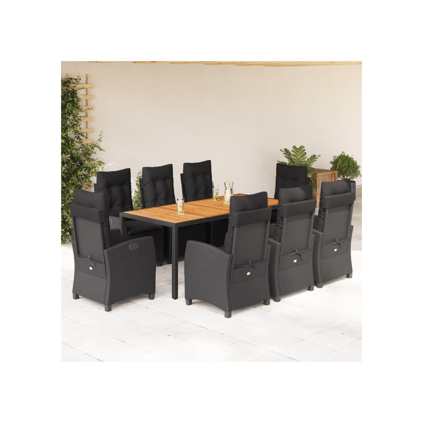 Ensemble à manger de jardin 9pcs coussins noir résine tressée