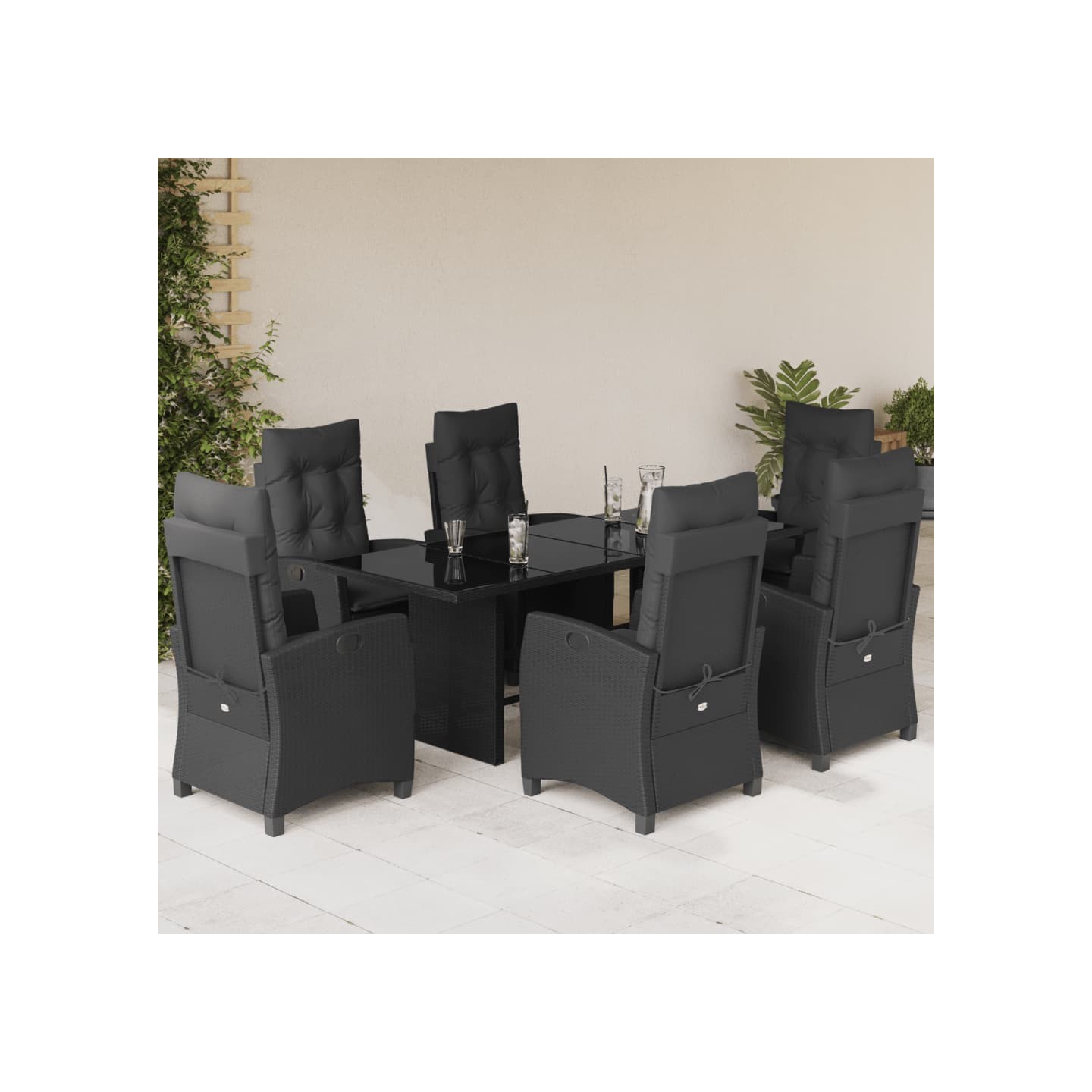 Ensemble à manger de jardin coussins 7pcs Noir Résine tressée