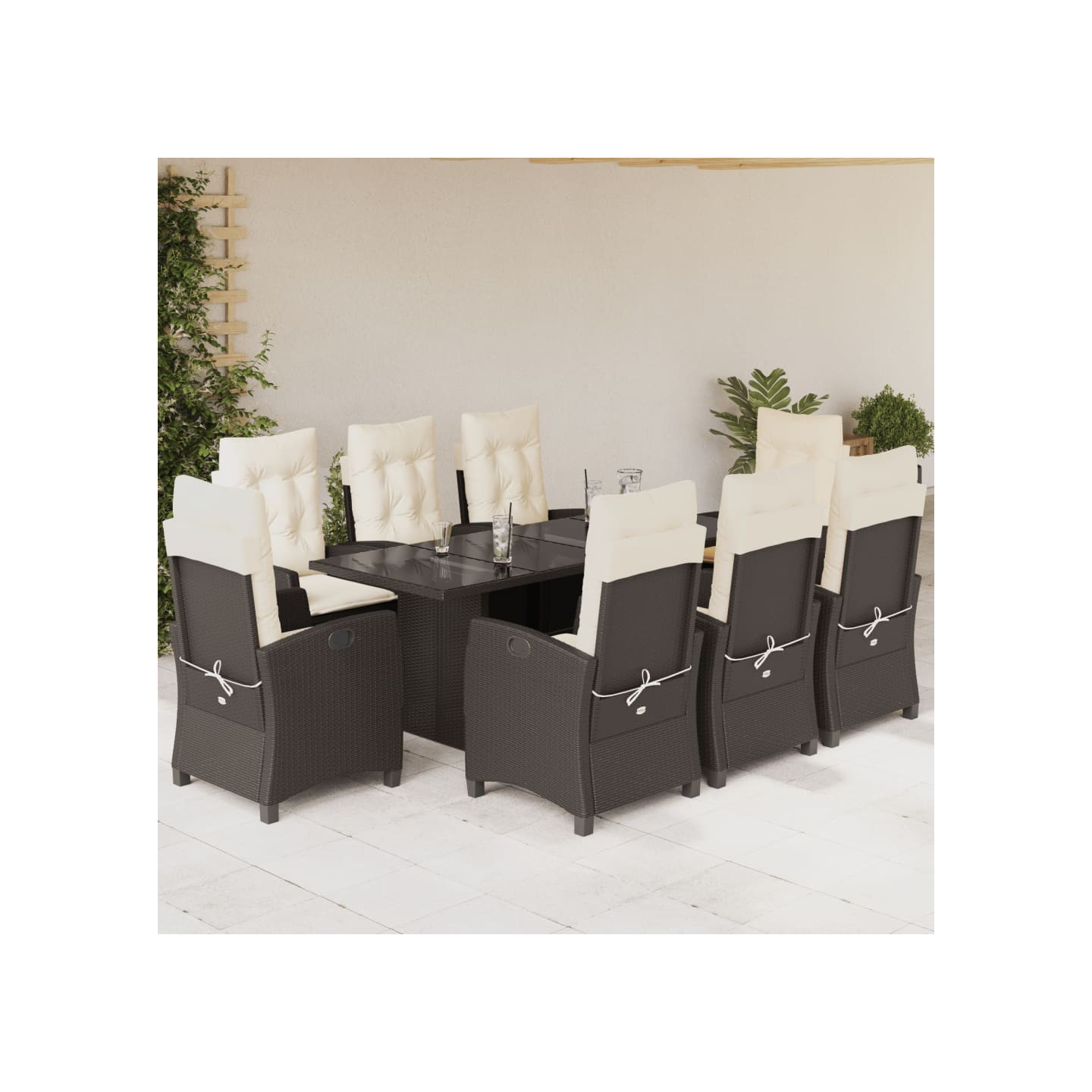 Ensemble à manger de jardin et coussins 9 pcs marron poly rotin