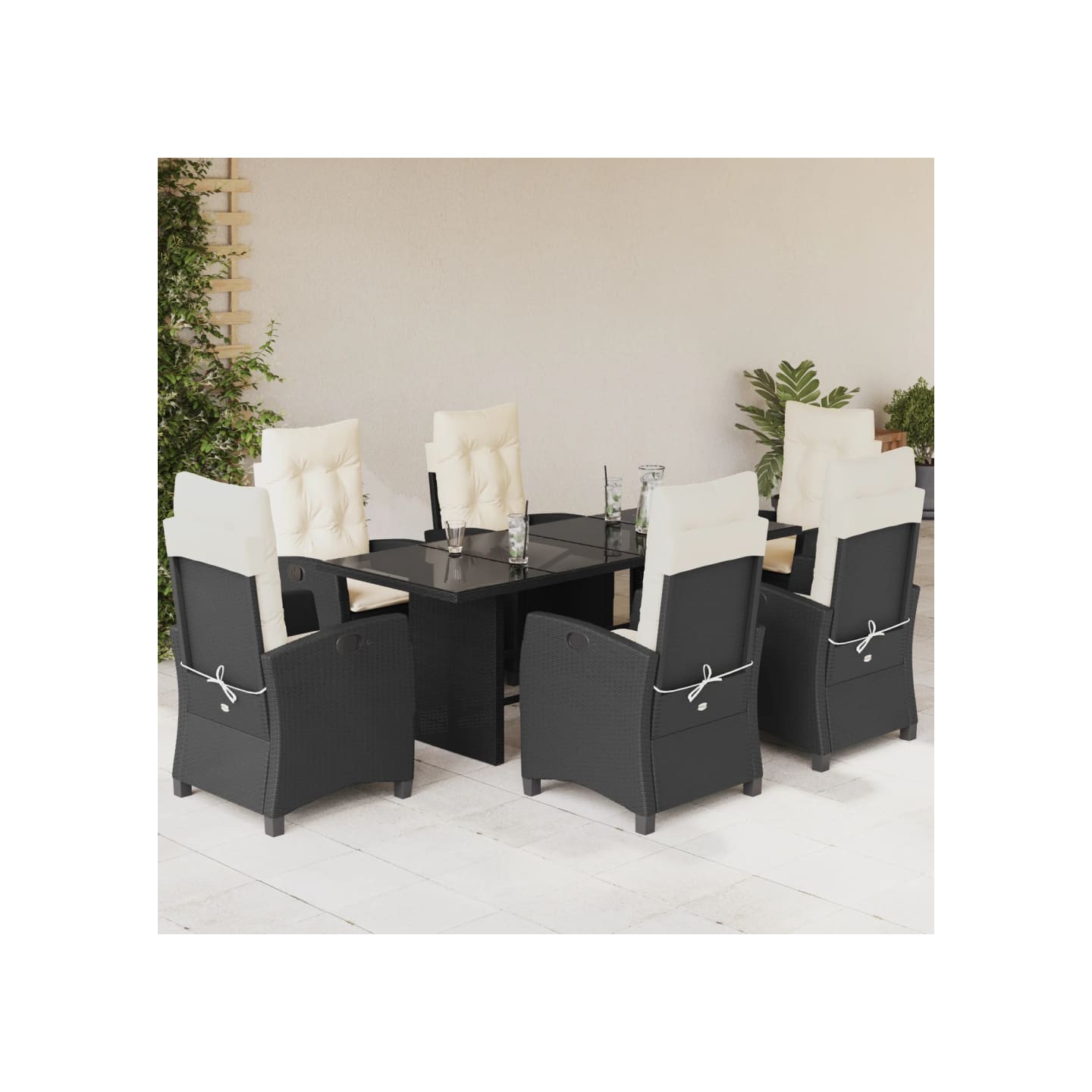 Ensemble à manger de jardin coussins 7pcs Noir Résine tressée
