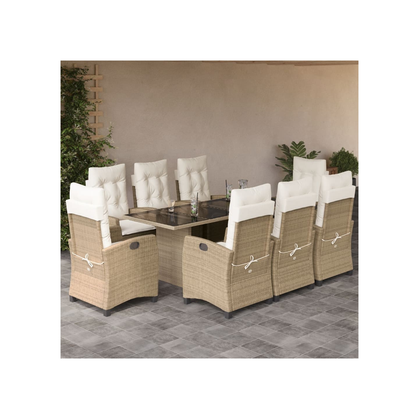 Ensemble à manger de jardin et coussins 9 pcs beige Poly rotin