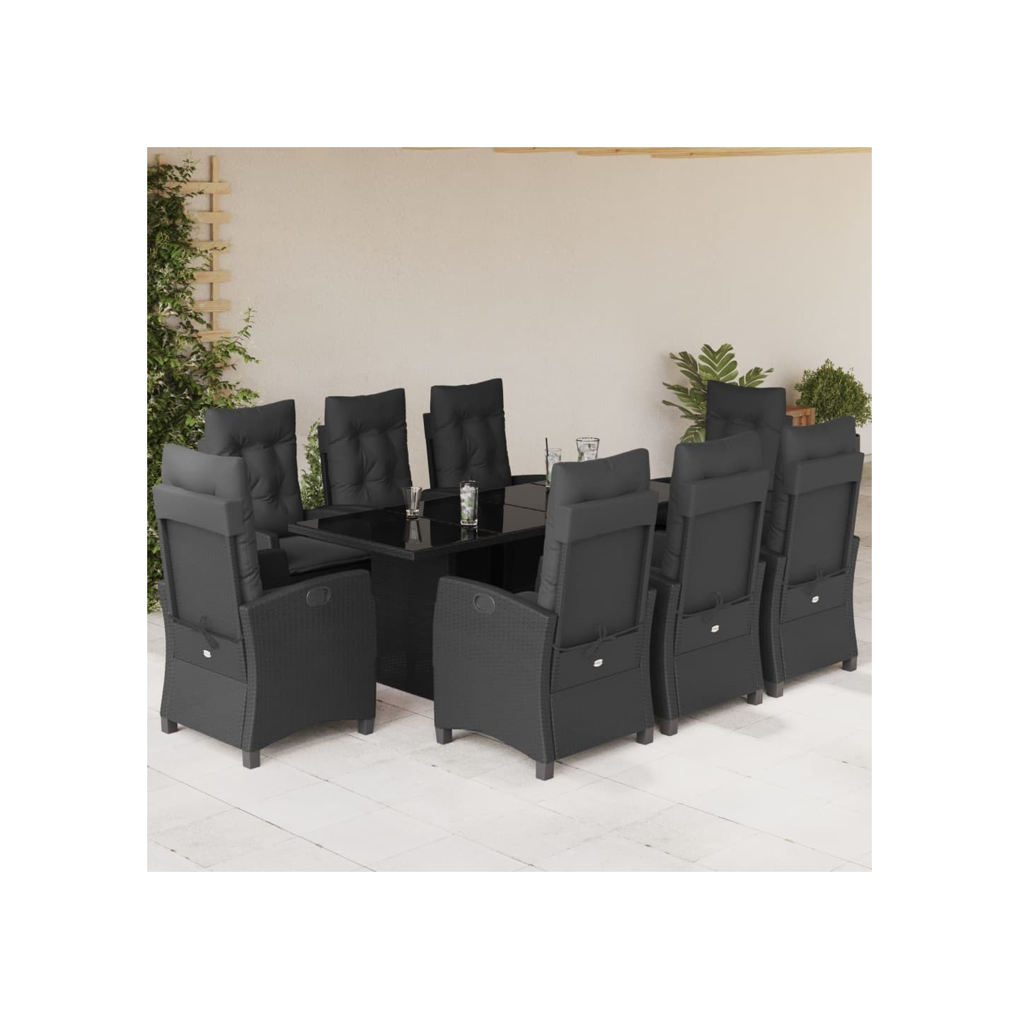 Ensemble à manger de jardin 9pcs coussins noir résine tressée