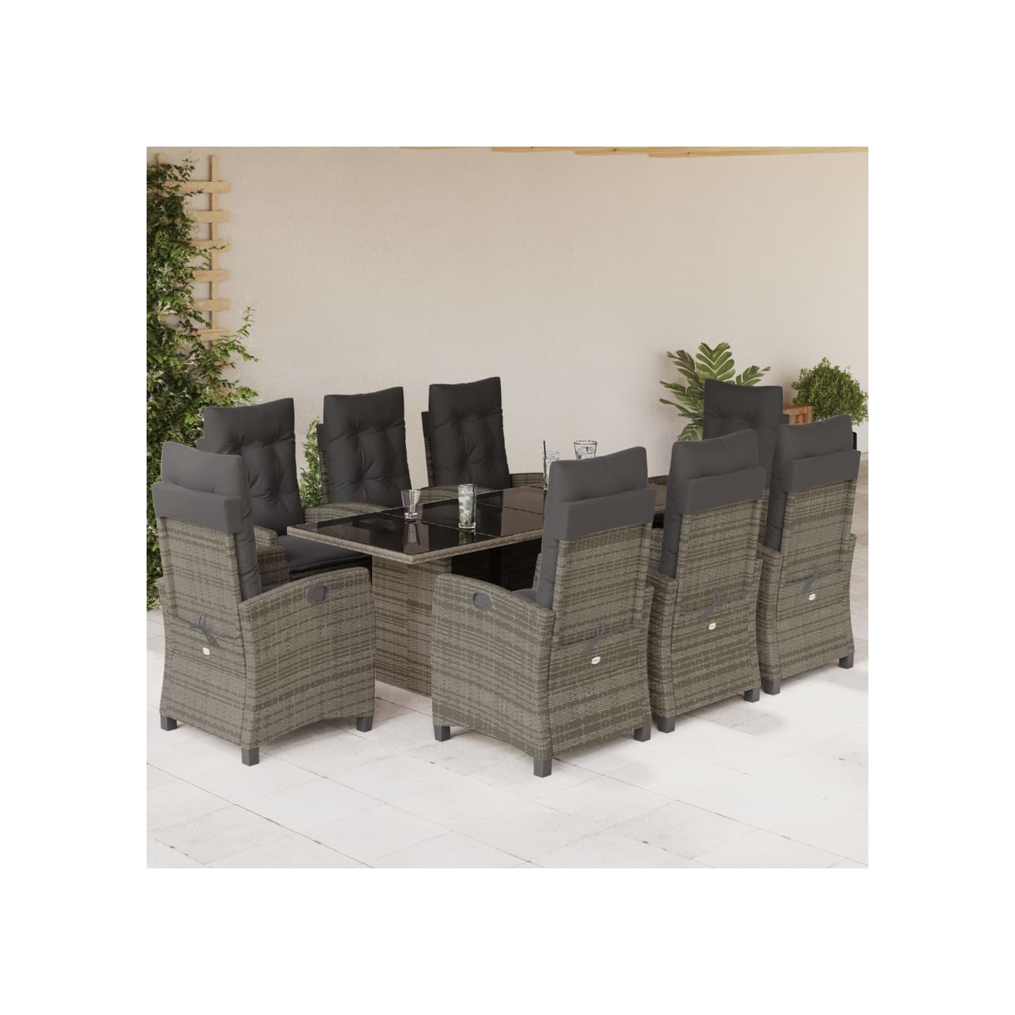 Ensemble à manger de jardin 9 pcs coussins gris résine tressée
