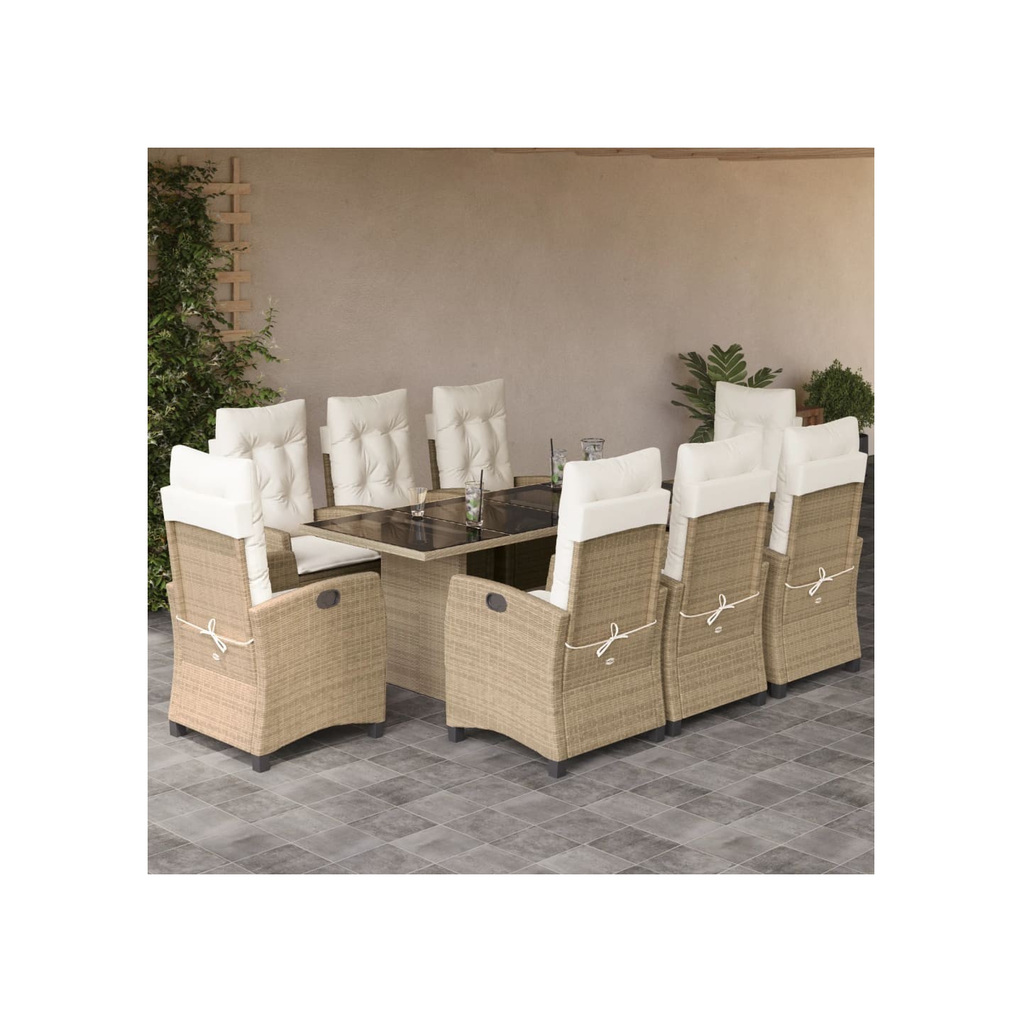 Ensemble à manger de jardin et coussins 9 pcs beige Poly rotin