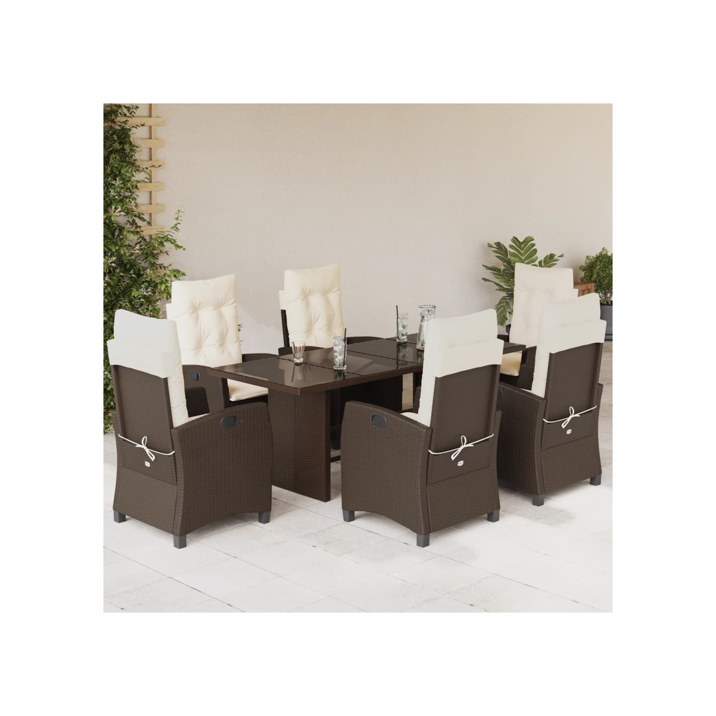 Ensemble à manger de jardin et coussins 7 pcs marron rotin