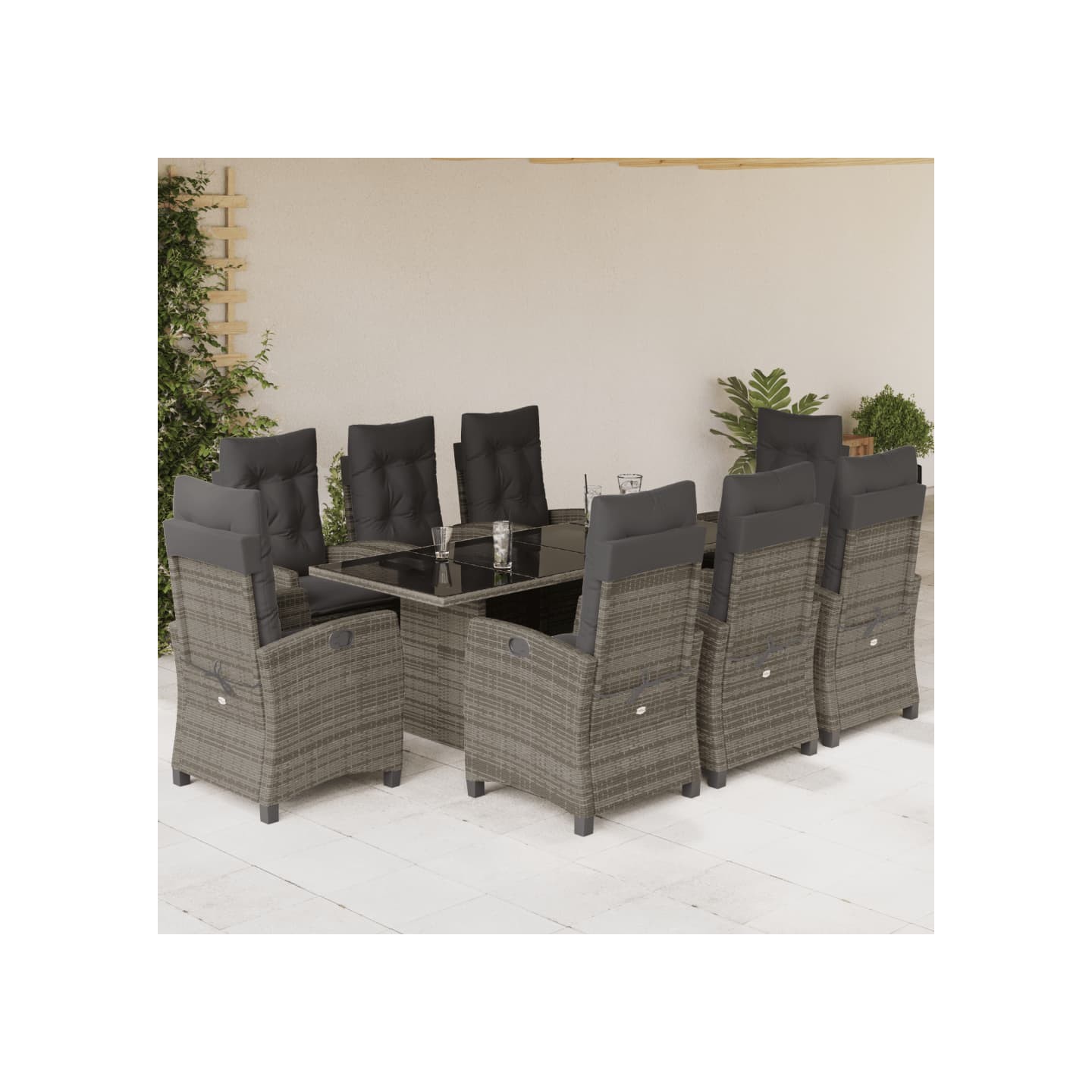 Ensemble à manger de jardin 9 pcs coussins gris résine tressée