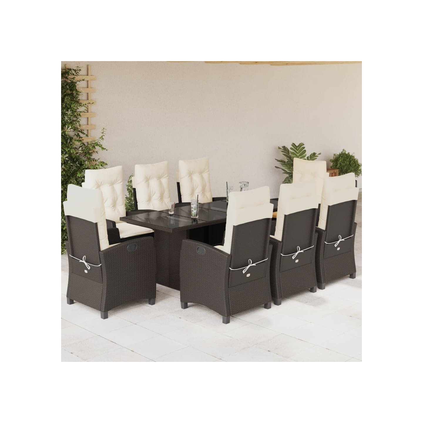 Ensemble à manger de jardin et coussins 9 pcs marron poly rotin