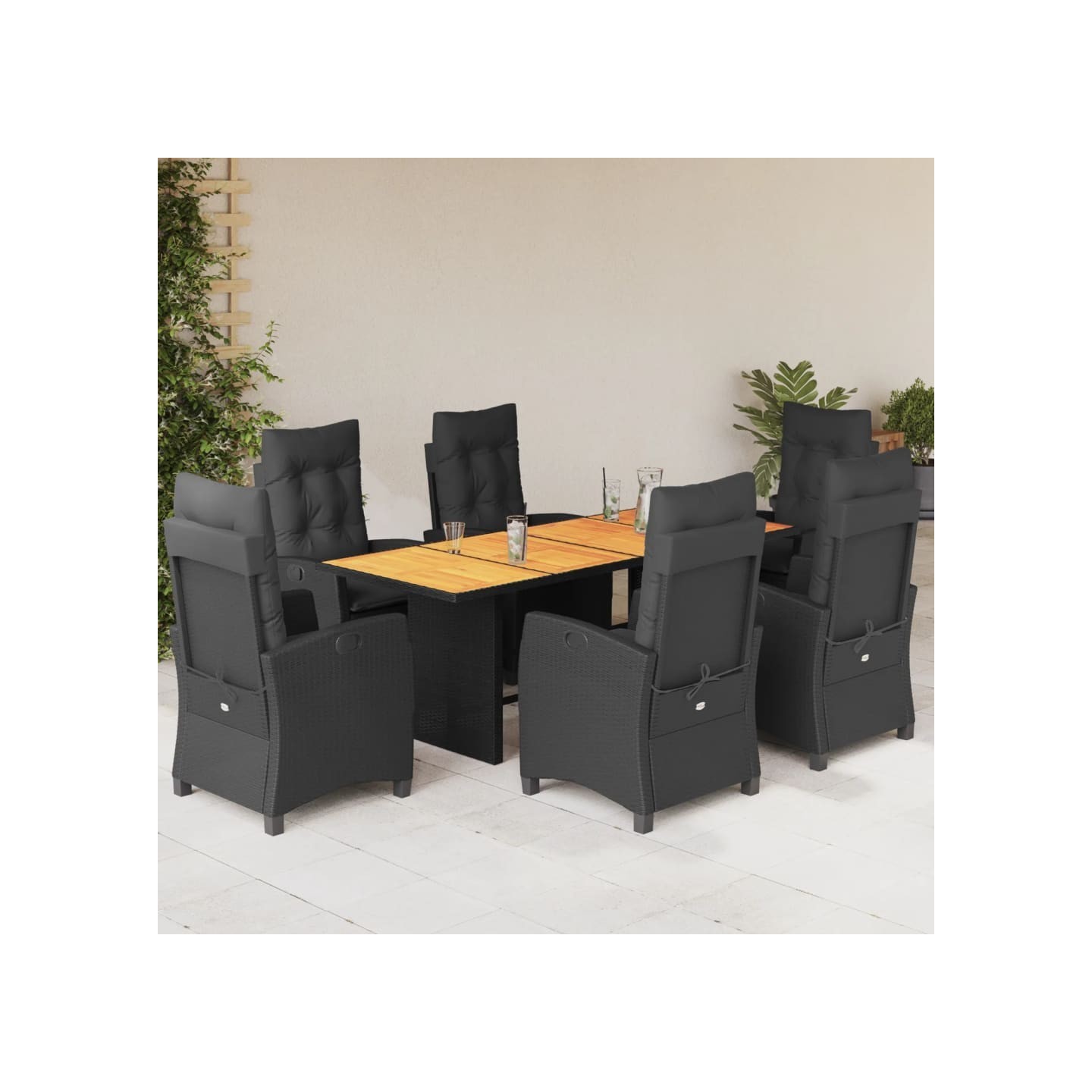 Ensemble à manger de jardin coussins 7pcs Noir Résine tressée